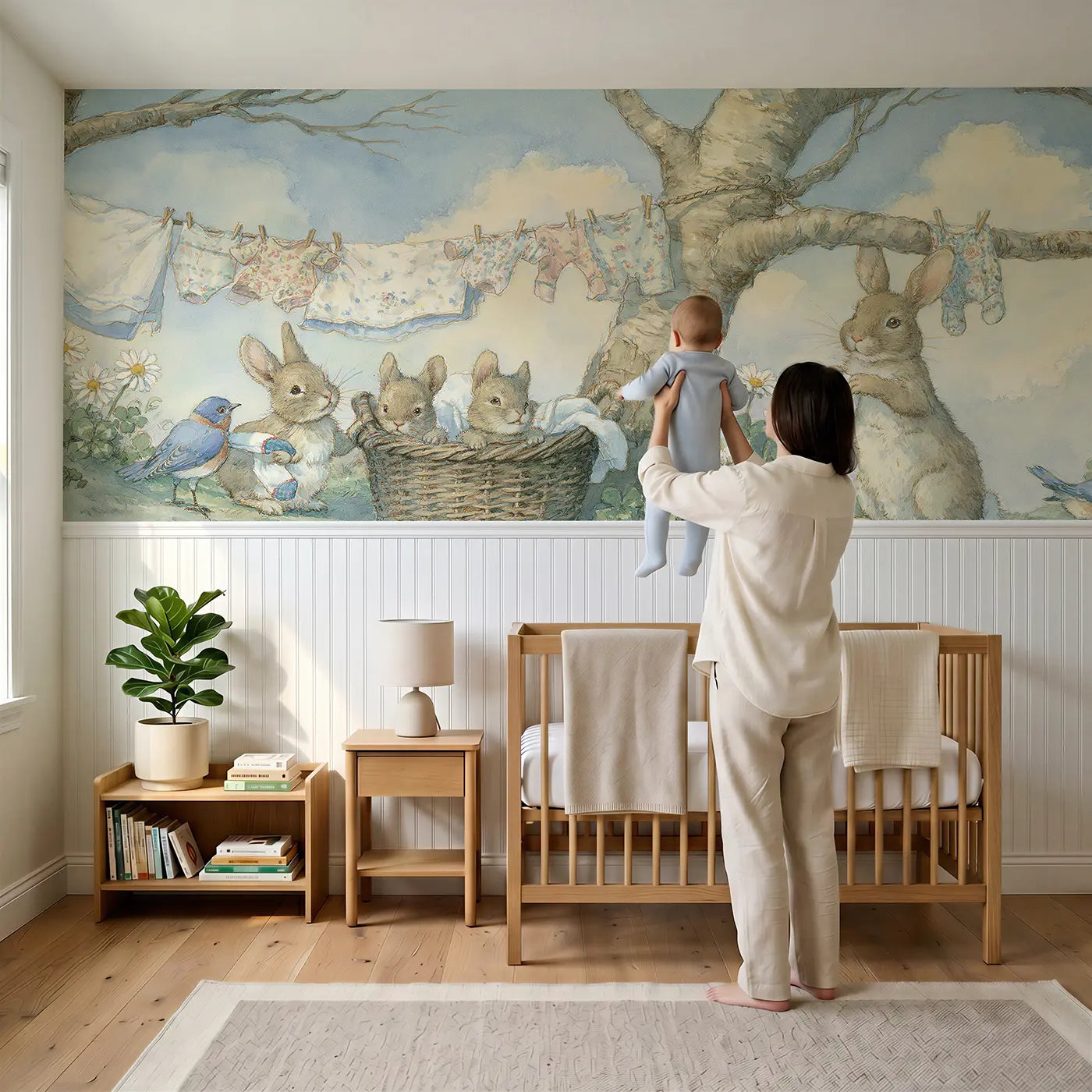 Child reading near Rabbit Laundry Morning Forest Wainscoting Wallpaper by Whimsy Tots