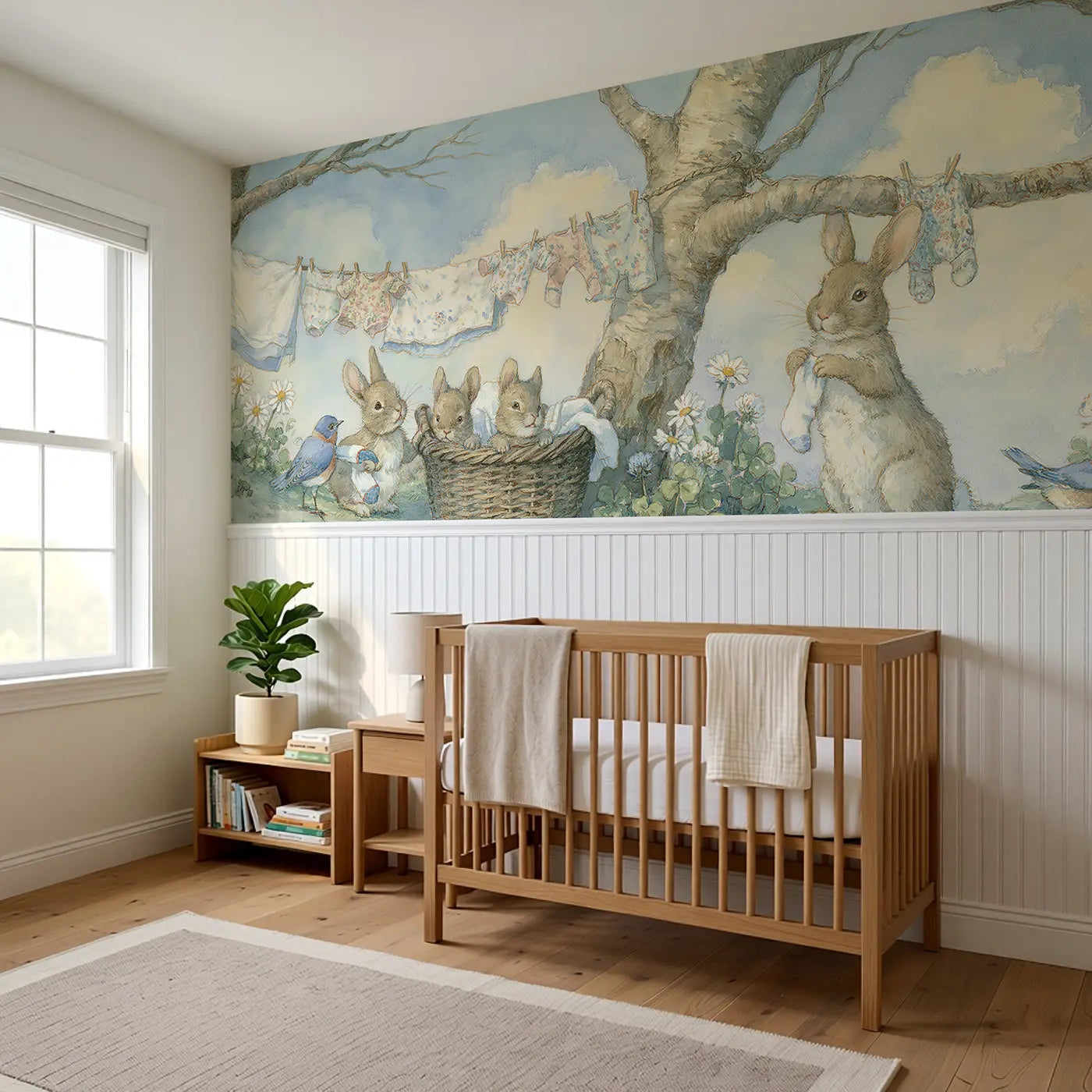 Rabbit Laundry Morning Forest Wainscoting Wallpaper styled in a kids bedroom by Whimsy Tots