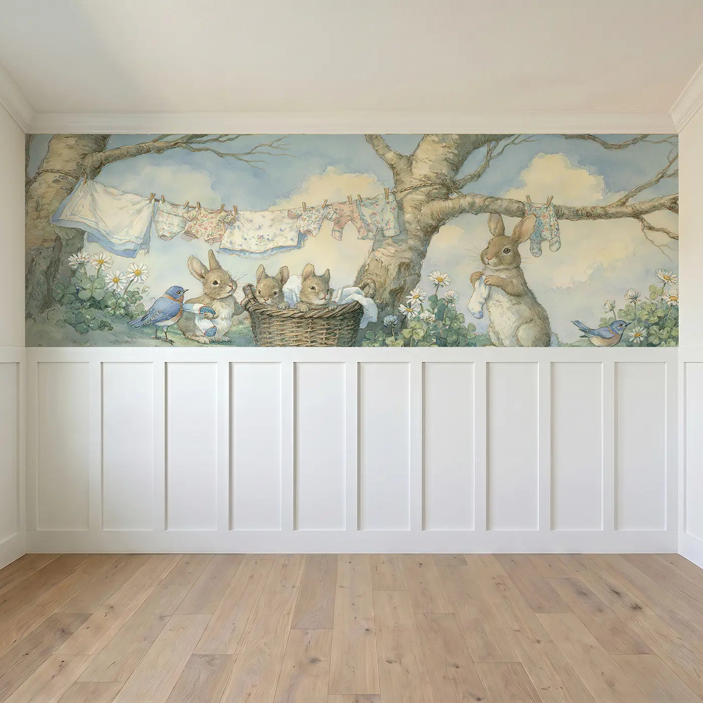 Full panel view of Rabbit Laundry Morning Forest Wainscoting Wallpaper by Whimsy Tots