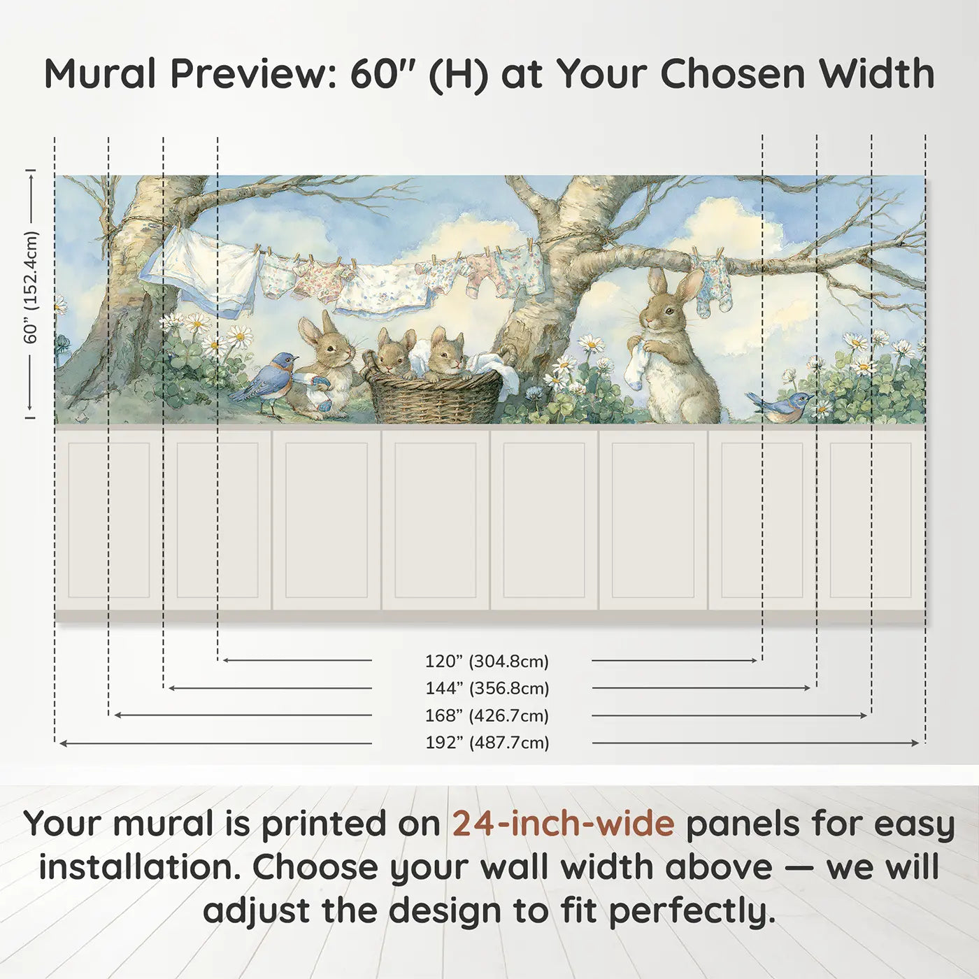 Panel dimensions for Rabbit Laundry Morning Forest Wainscoting Wallpaper by Whimsy Tots