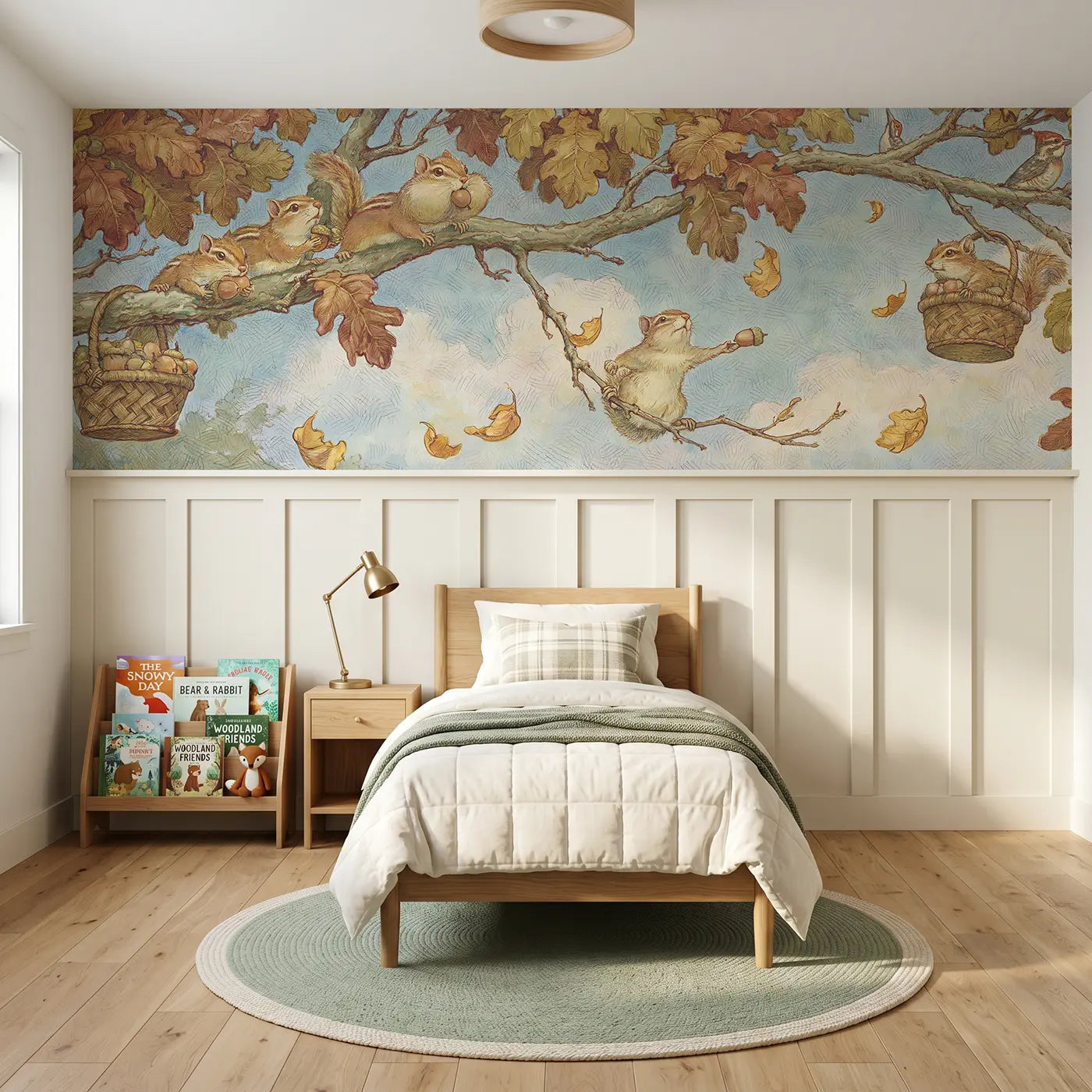Storybook chipmunk autumn acorn harvest wainscoting wallpaper for bedroom by Whimsy Tots