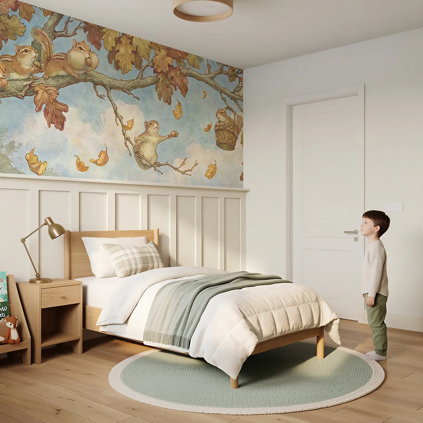 Child reading near Chipmunk Autumn Acorn Harvest Wainscoting Wallpaper by Whimsy Tots
