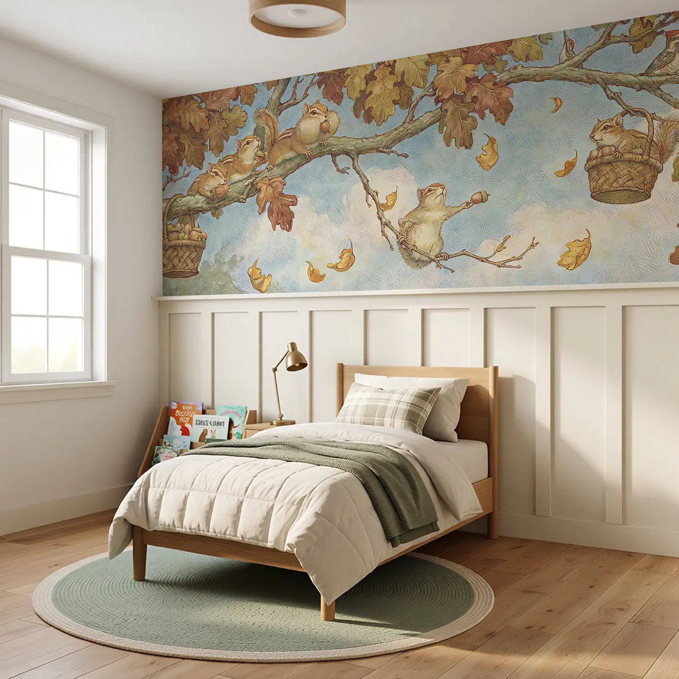 Chipmunk Autumn Acorn Harvest Wainscoting Wallpaper styled in a kids bedroom by Whimsy Tots