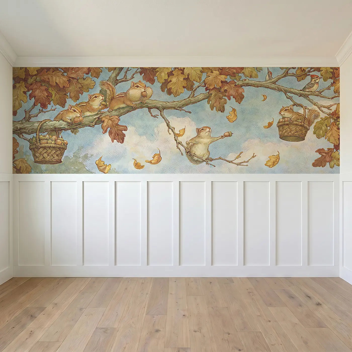 Full panel view of Chipmunk Autumn Acorn Harvest Wainscoting Wallpaper by Whimsy Tots