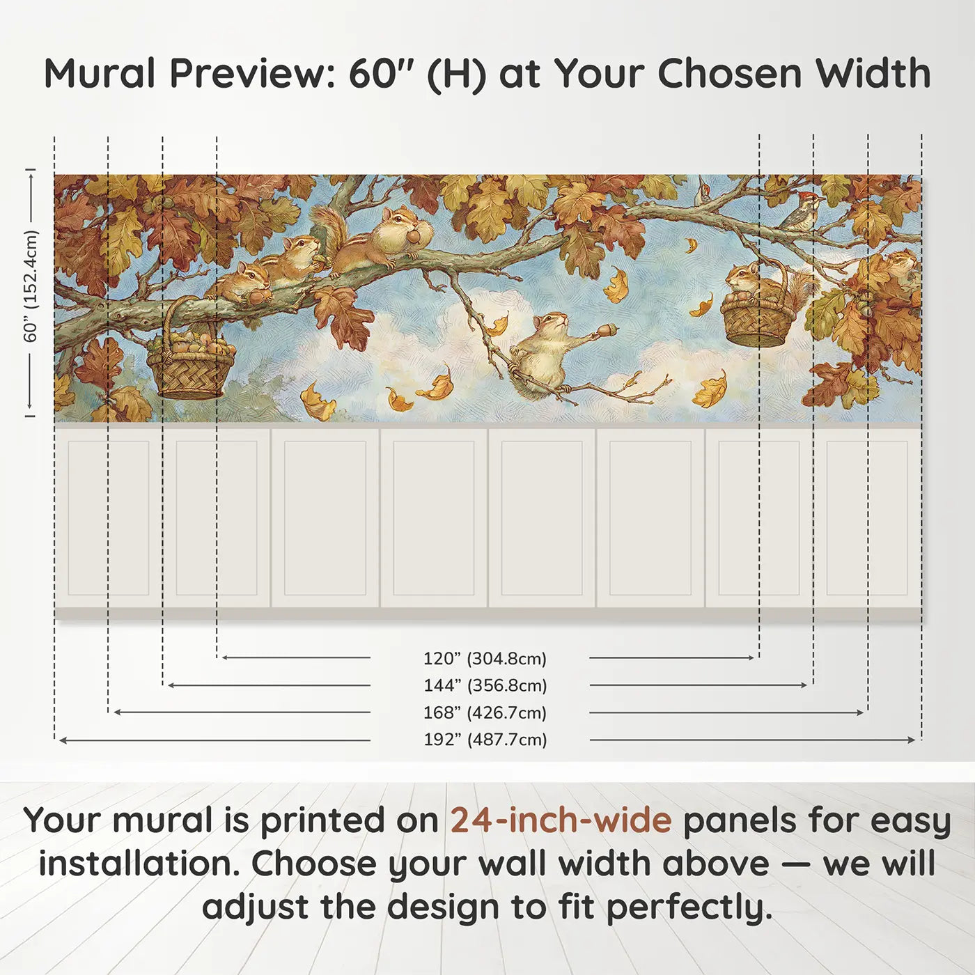 Panel dimensions for Chipmunk Autumn Acorn Harvest Wainscoting Wallpaper by Whimsy Tots