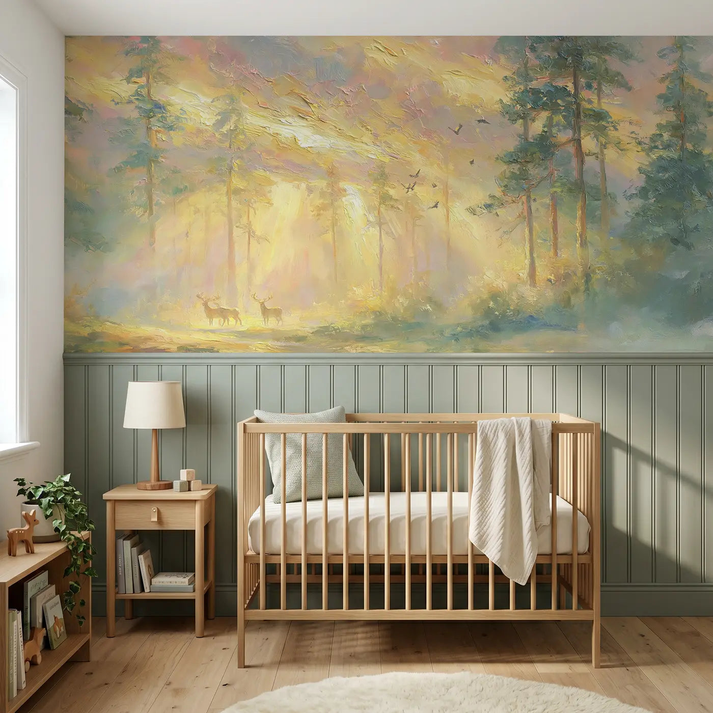 Painted Landscape sunrise pine forest mist wainscoting wallpaper for nursery by Whimsy Tots
