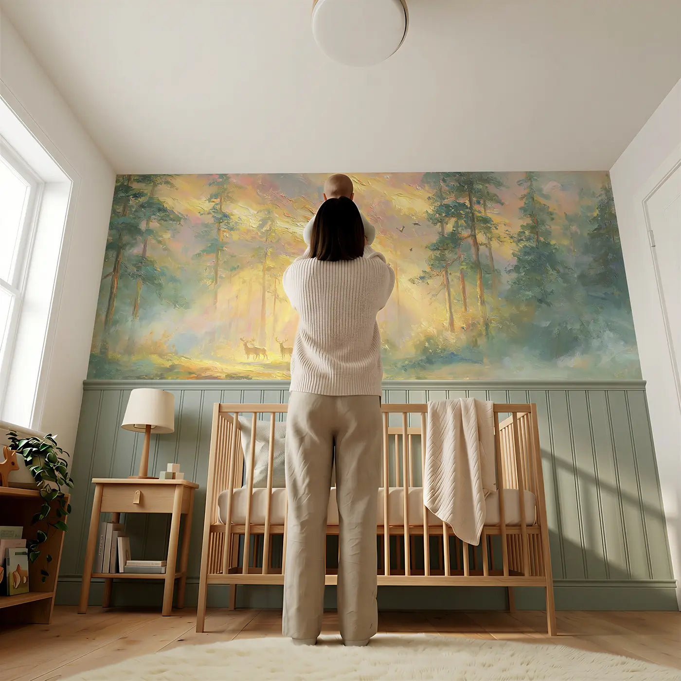 Child reading near Sunrise Pine Forest Mist Wainscoting Wallpaper by Whimsy Tots