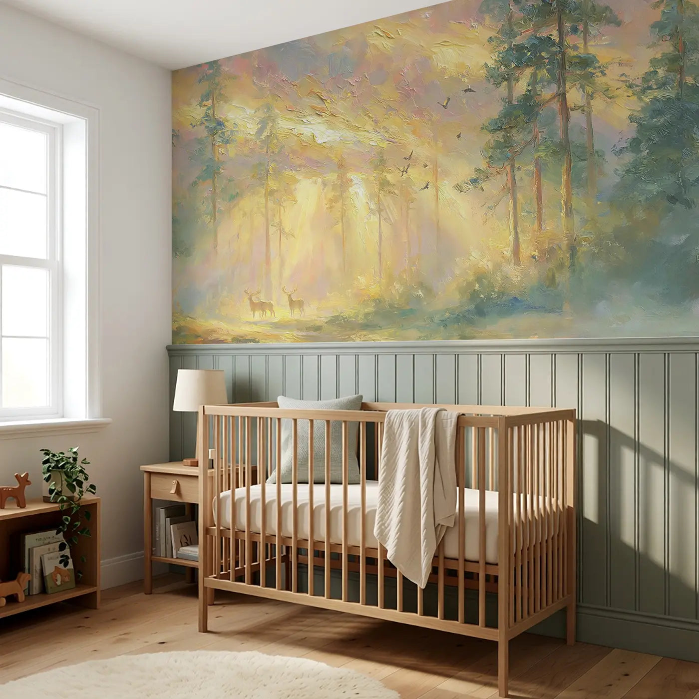 Sunrise Pine Forest Mist Wainscoting Wallpaper styled in a kids bedroom by Whimsy Tots
