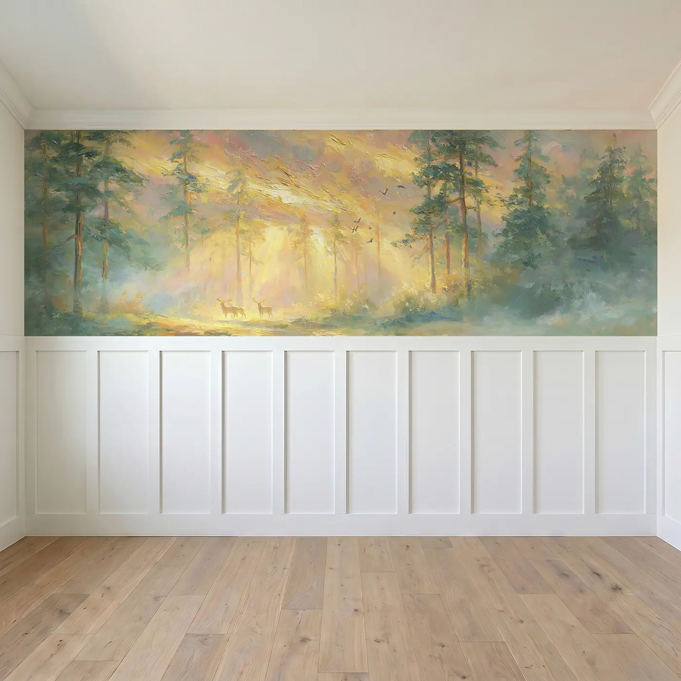 Full panel view of Sunrise Pine Forest Mist Wainscoting Wallpaper by Whimsy Tots