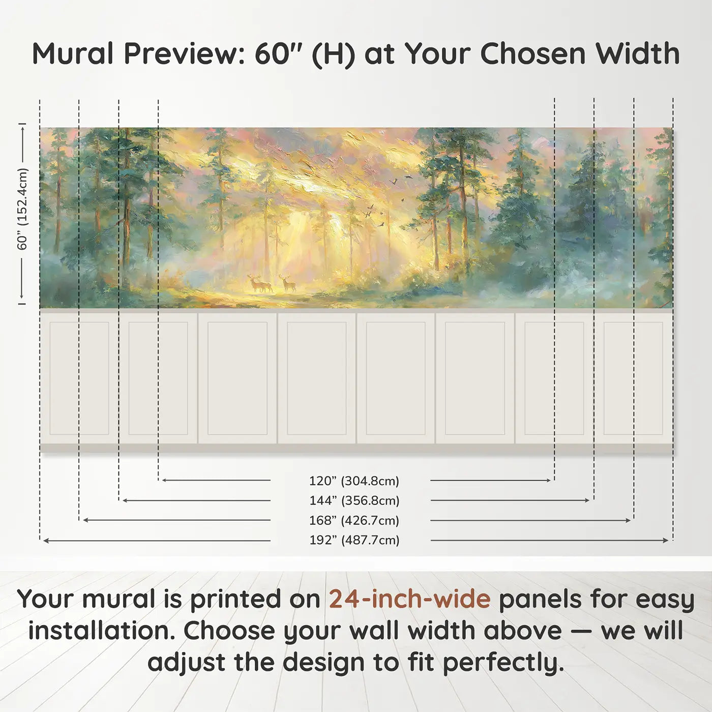 Panel dimensions for Sunrise Pine Forest Mist Wainscoting Wallpaper by Whimsy Tots