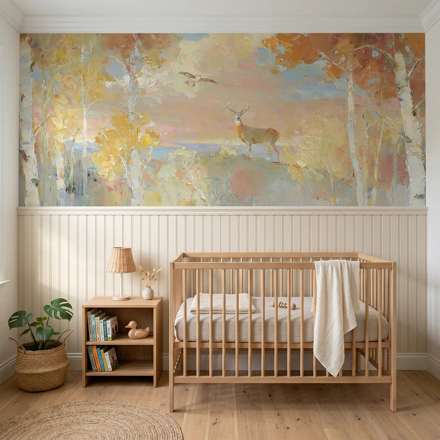 Painted Landscape autumn birch forest panorama wainscoting wallpaper for nursery by Whimsy Tots