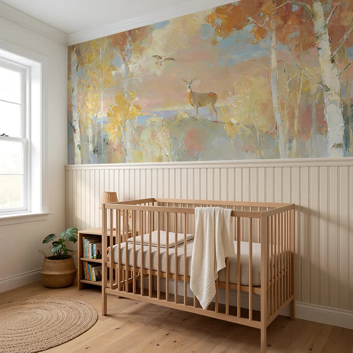 Autumn Birch Forest Panorama Wainscoting Wallpaper styled in a kids bedroom by Whimsy Tots