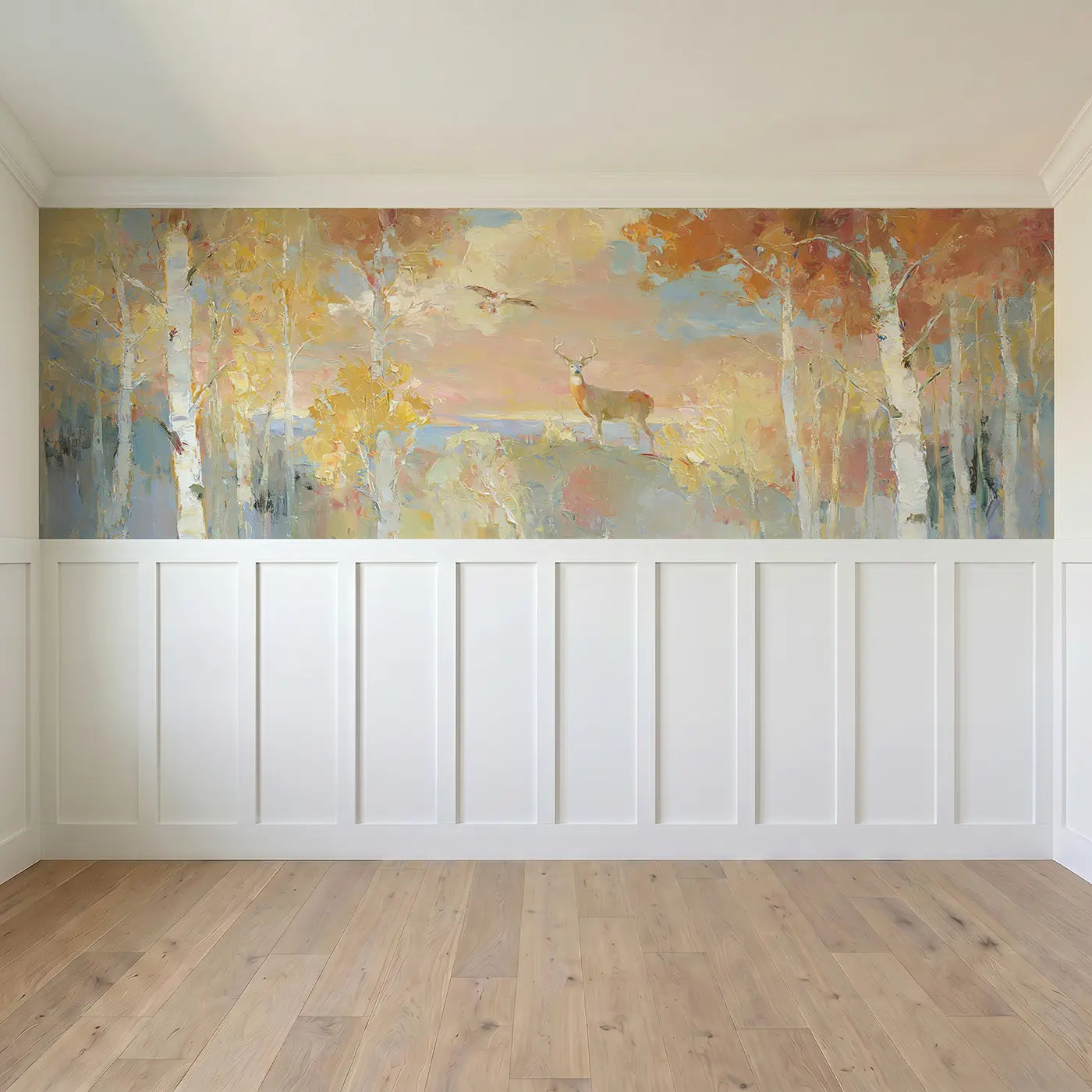 Full panel view of Autumn Birch Forest Panorama Wainscoting Wallpaper by Whimsy Tots