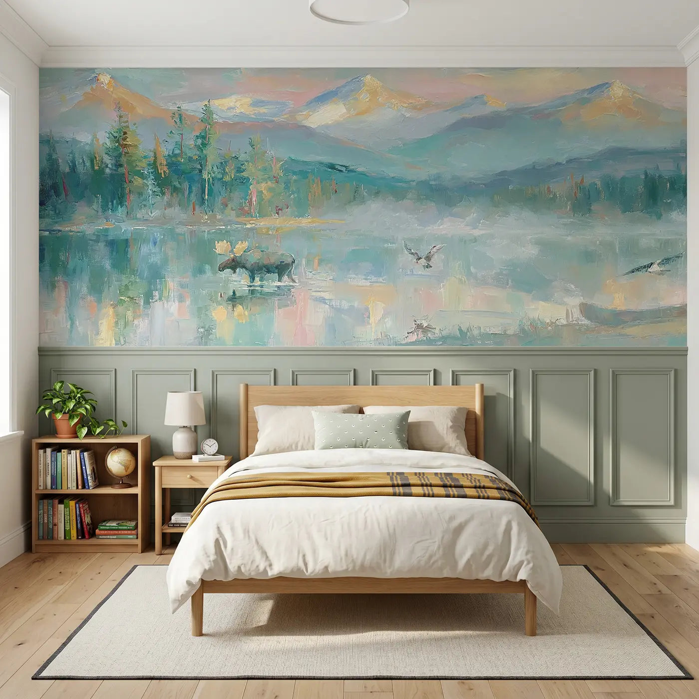 Painted Landscape forest lake mountain reflection wainscoting wallpaper for bedroom by Whimsy Tots