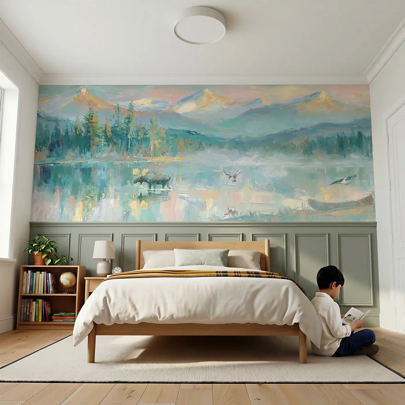 Child reading near Forest Lake Mountain Reflection Wainscoting Wallpaper by Whimsy Tots