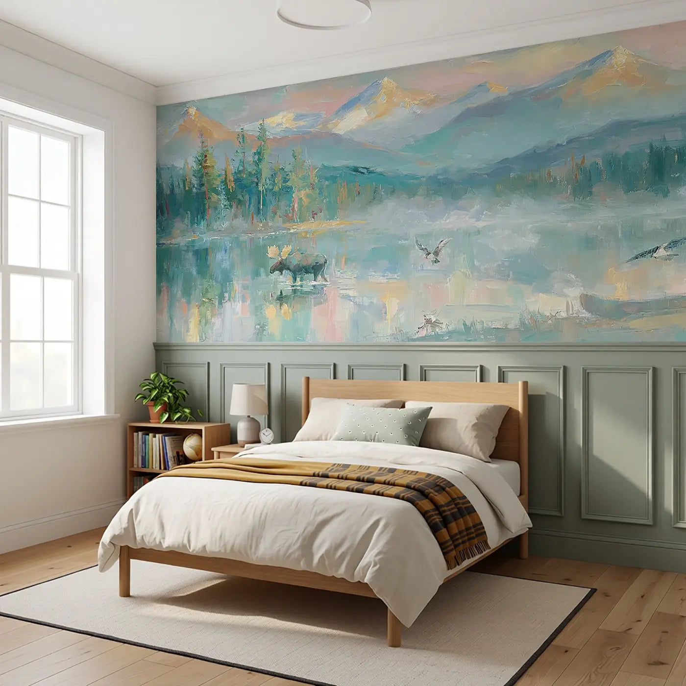 Forest Lake Mountain Reflection Wainscoting Wallpaper styled in a kids bedroom by Whimsy Tots