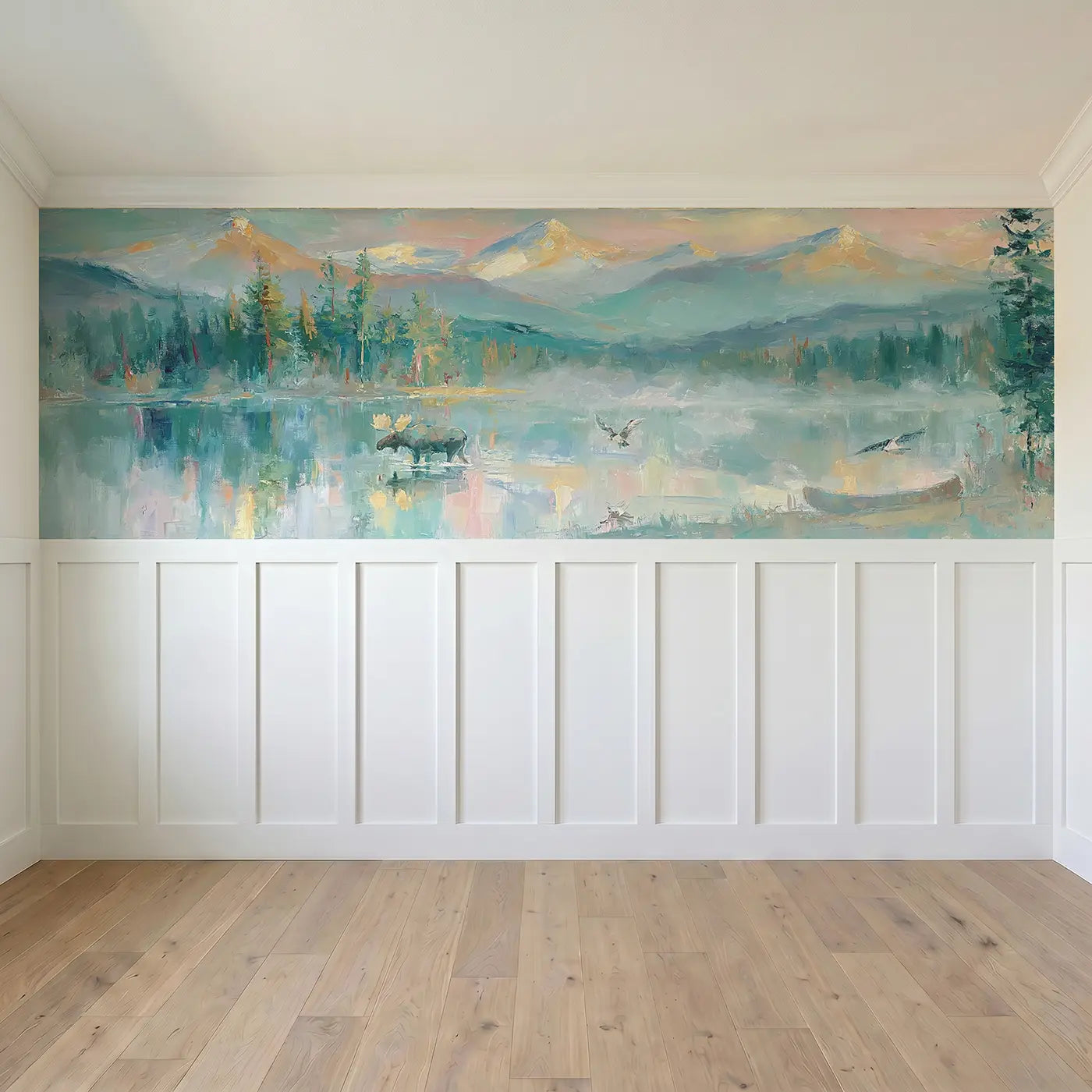 Full panel view of Forest Lake Mountain Reflection Wainscoting Wallpaper by Whimsy Tots