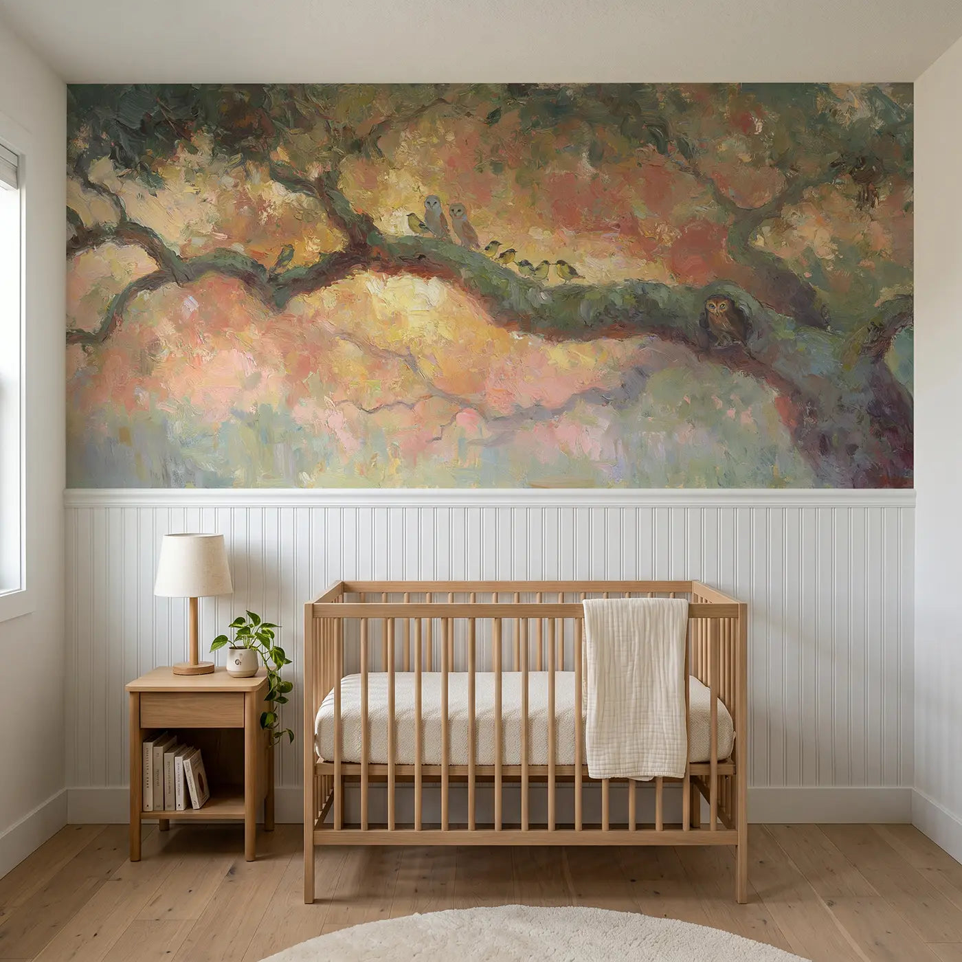 Painted Landscape ancient oak sunset canopy wainscoting wallpaper for nursery by Whimsy Tots