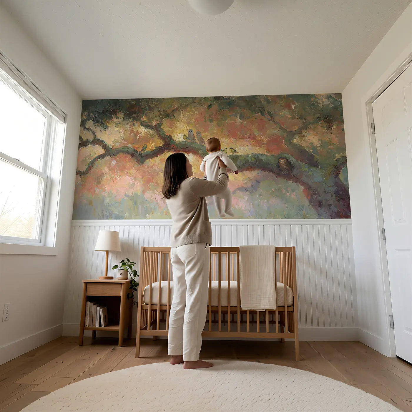 Child reading near Ancient Oak Sunset Canopy Wainscoting Wallpaper by Whimsy Tots