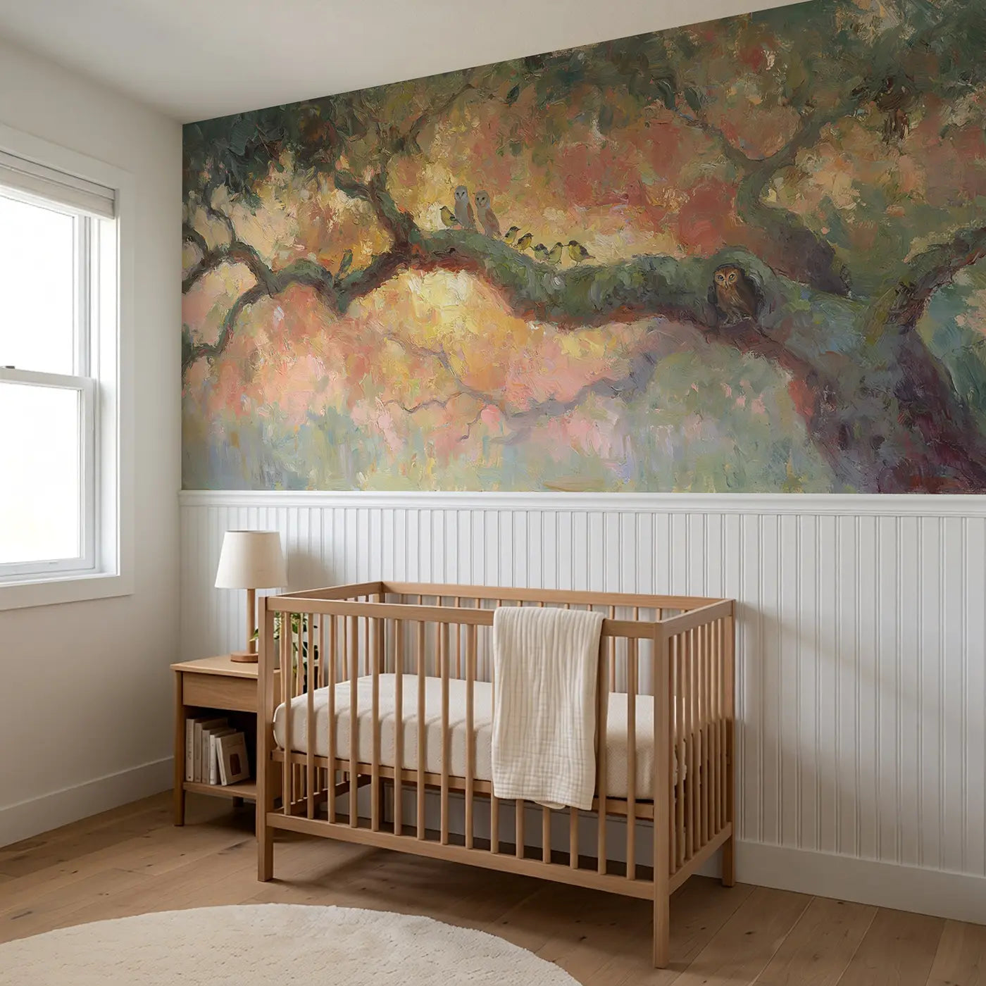 Ancient Oak Sunset Canopy Wainscoting Wallpaper styled in a kids bedroom by Whimsy Tots