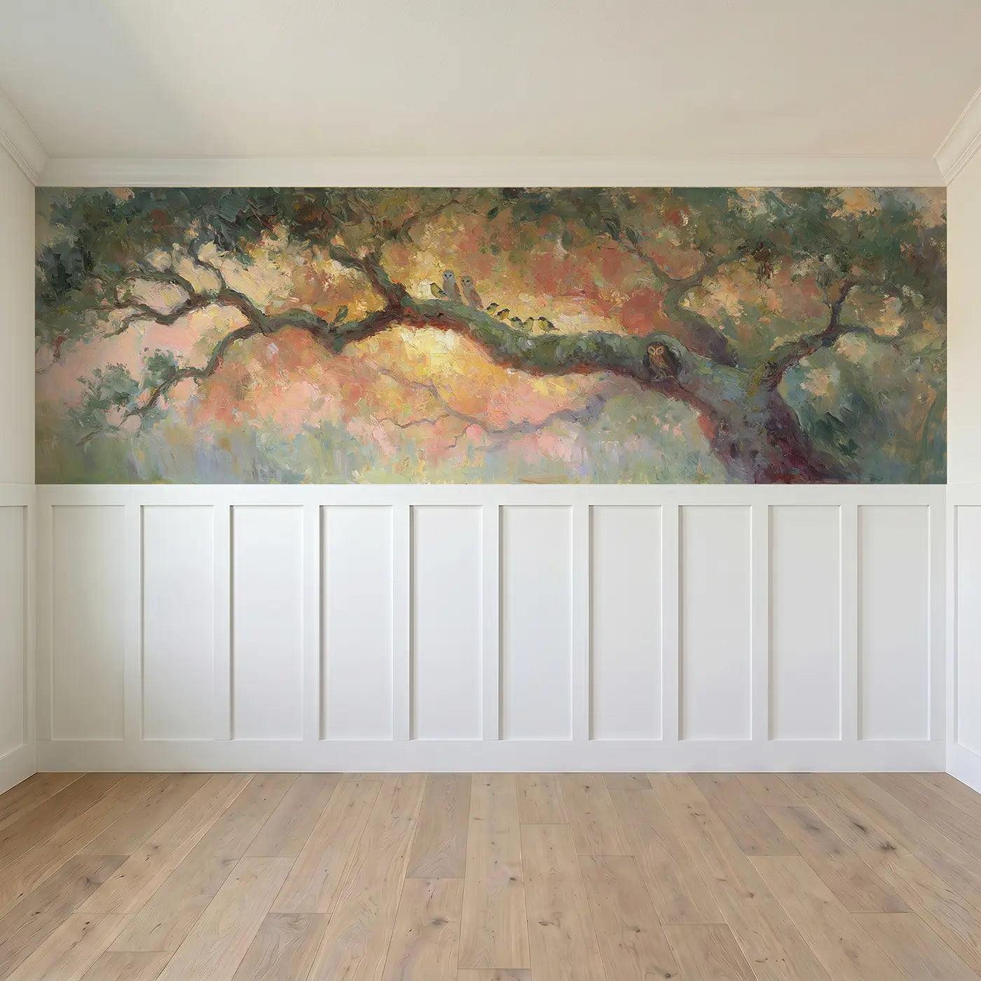 Full panel view of Ancient Oak Sunset Canopy Wainscoting Wallpaper by Whimsy Tots