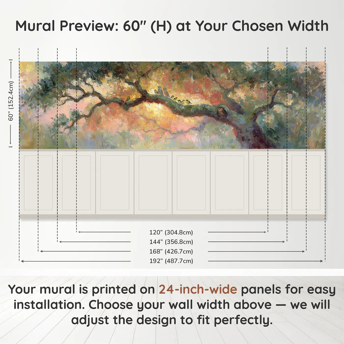 Panel dimensions for Ancient Oak Sunset Canopy Wainscoting Wallpaper by Whimsy Tots
