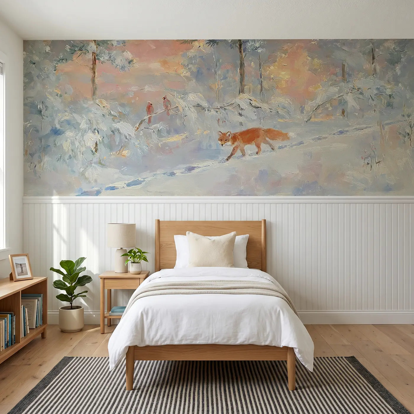 Painted Landscape winter forest fox dawn wainscoting wallpaper for bedroom by Whimsy Tots