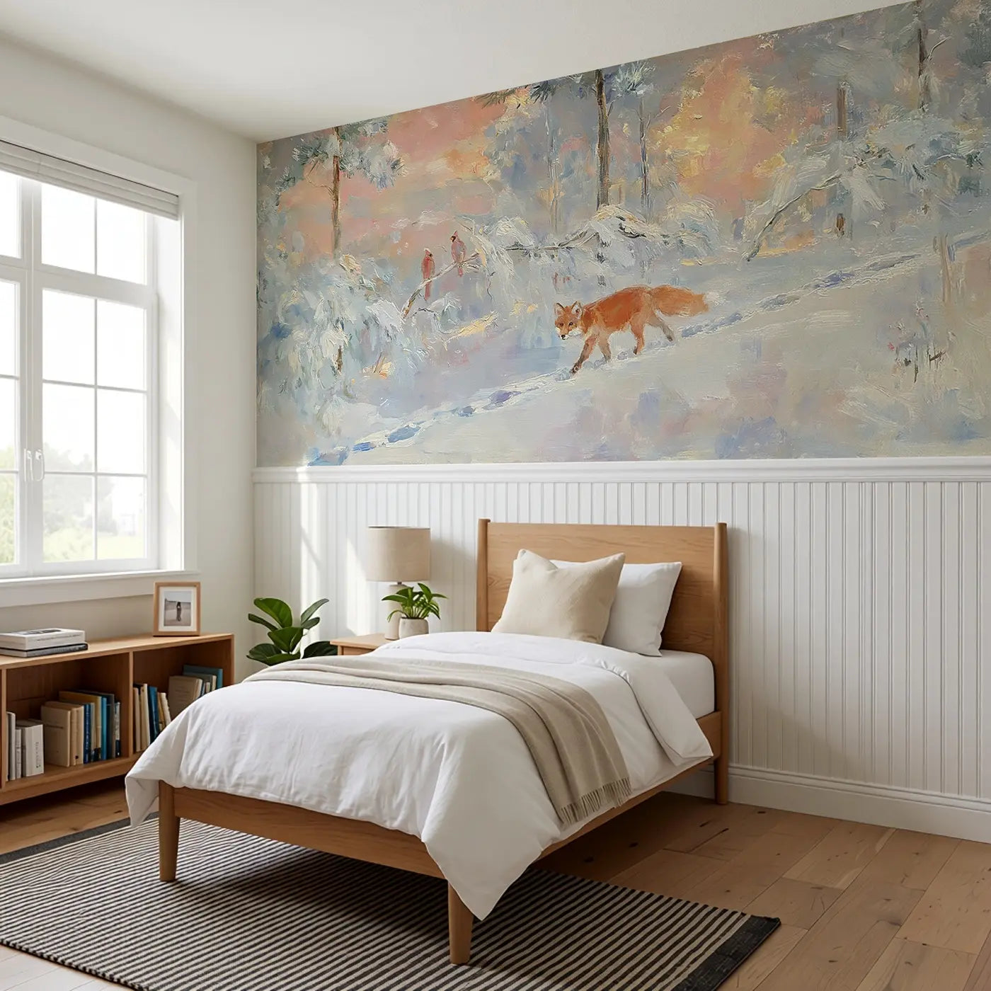 Winter Forest Fox Dawn Wainscoting Wallpaper styled in a kids bedroom by Whimsy Tots
