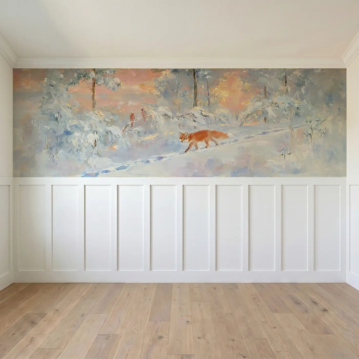 Full panel view of Winter Forest Fox Dawn Wainscoting Wallpaper by Whimsy Tots