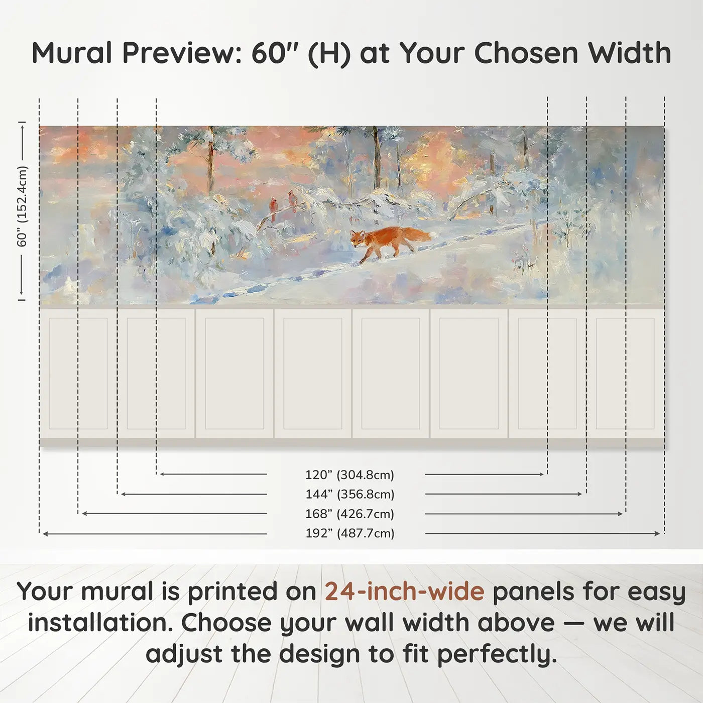 Panel dimensions for Winter Forest Fox Dawn Wainscoting Wallpaper by Whimsy Tots