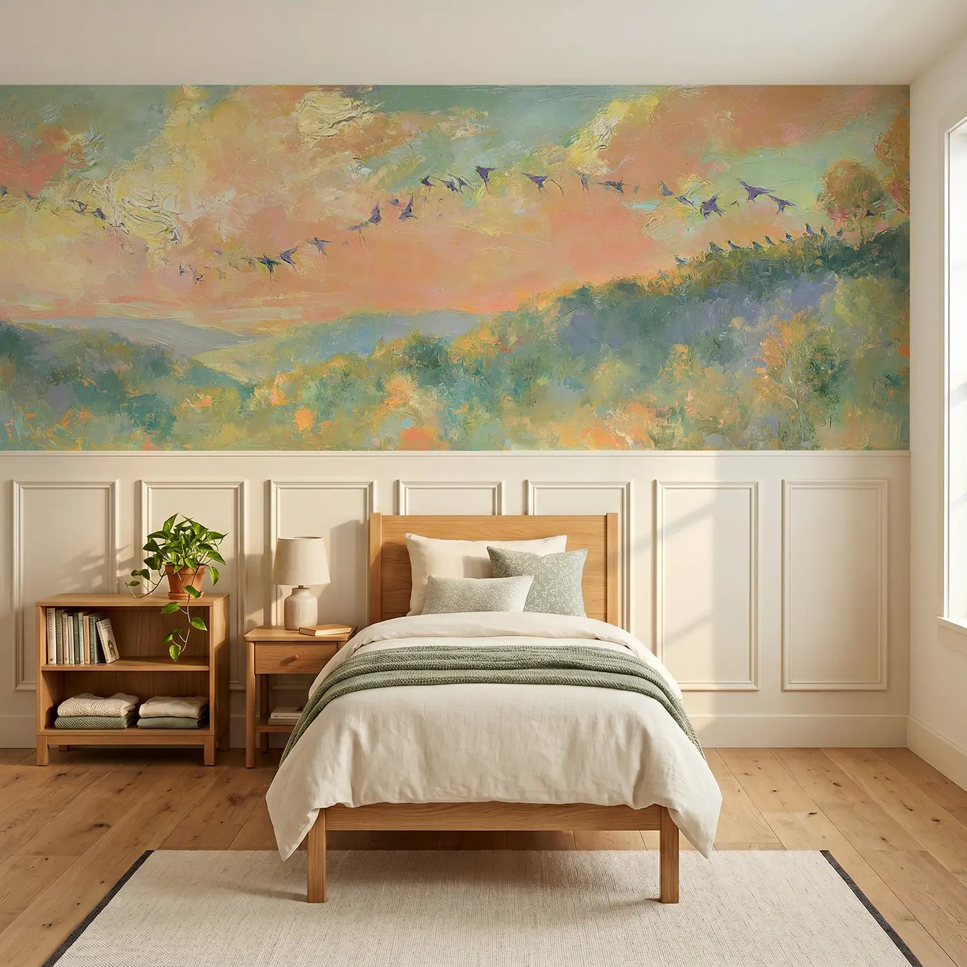 Painted Landscape rolling forest hills murmuration wainscoting wallpaper for bedroom by Whimsy Tots