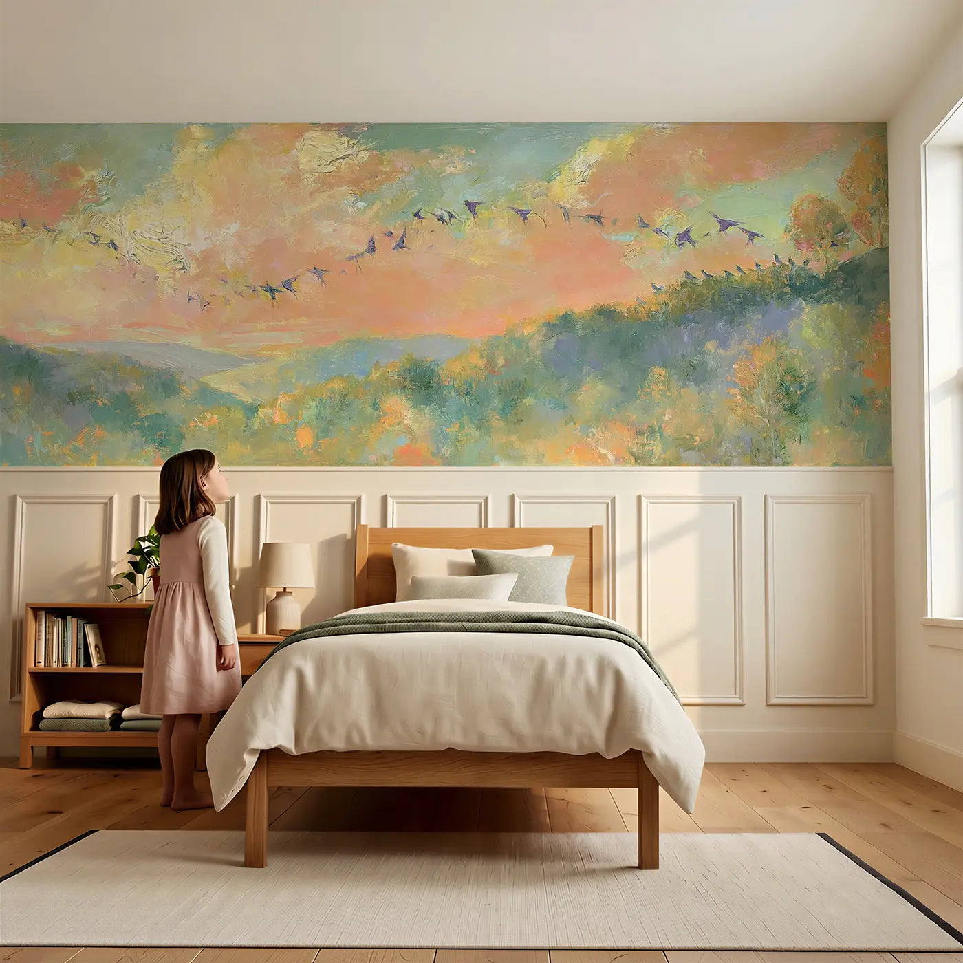 Child reading near Rolling Forest Hills Murmuration Wainscoting Wallpaper by Whimsy Tots
