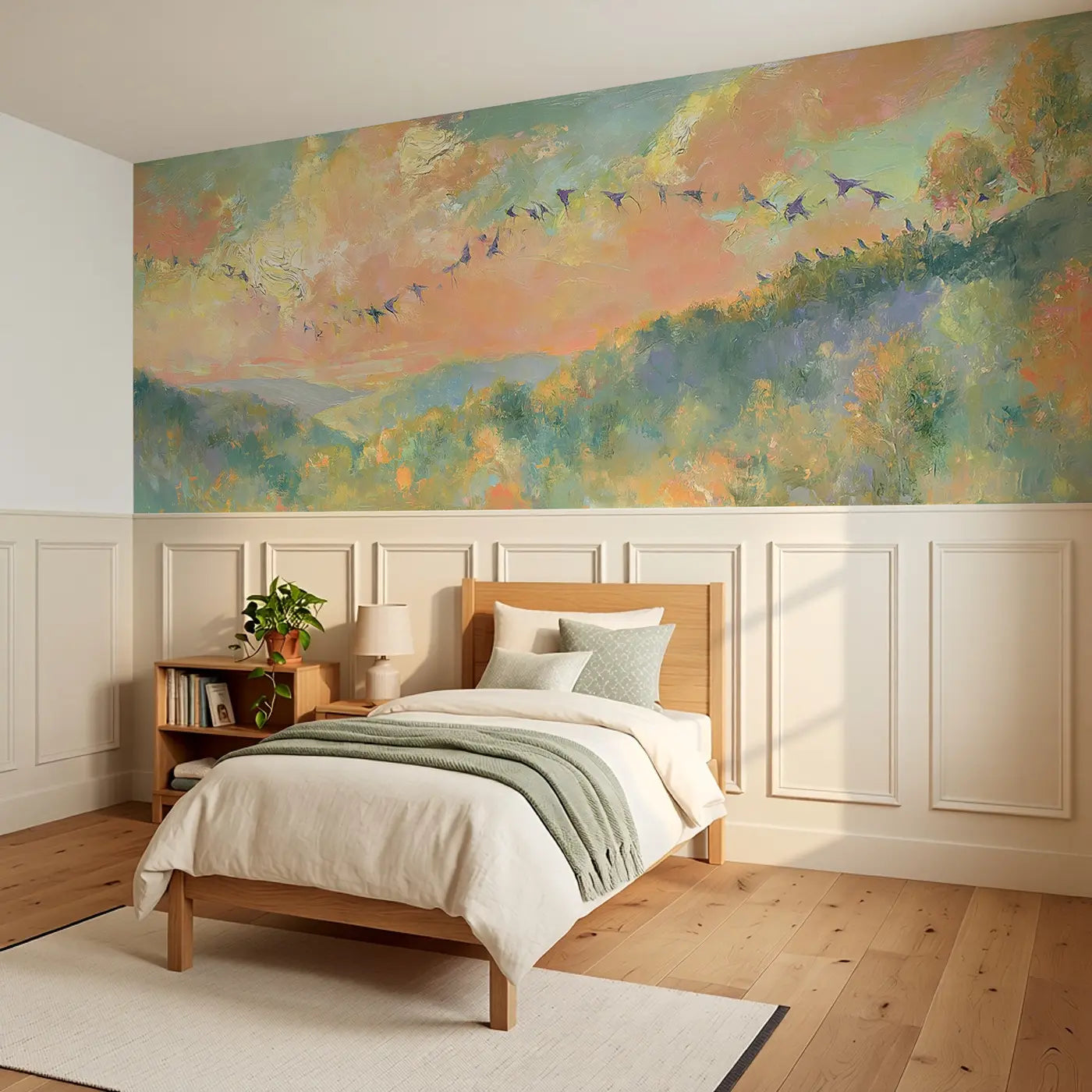 Rolling Forest Hills Murmuration Wainscoting Wallpaper styled in a kids bedroom by Whimsy Tots