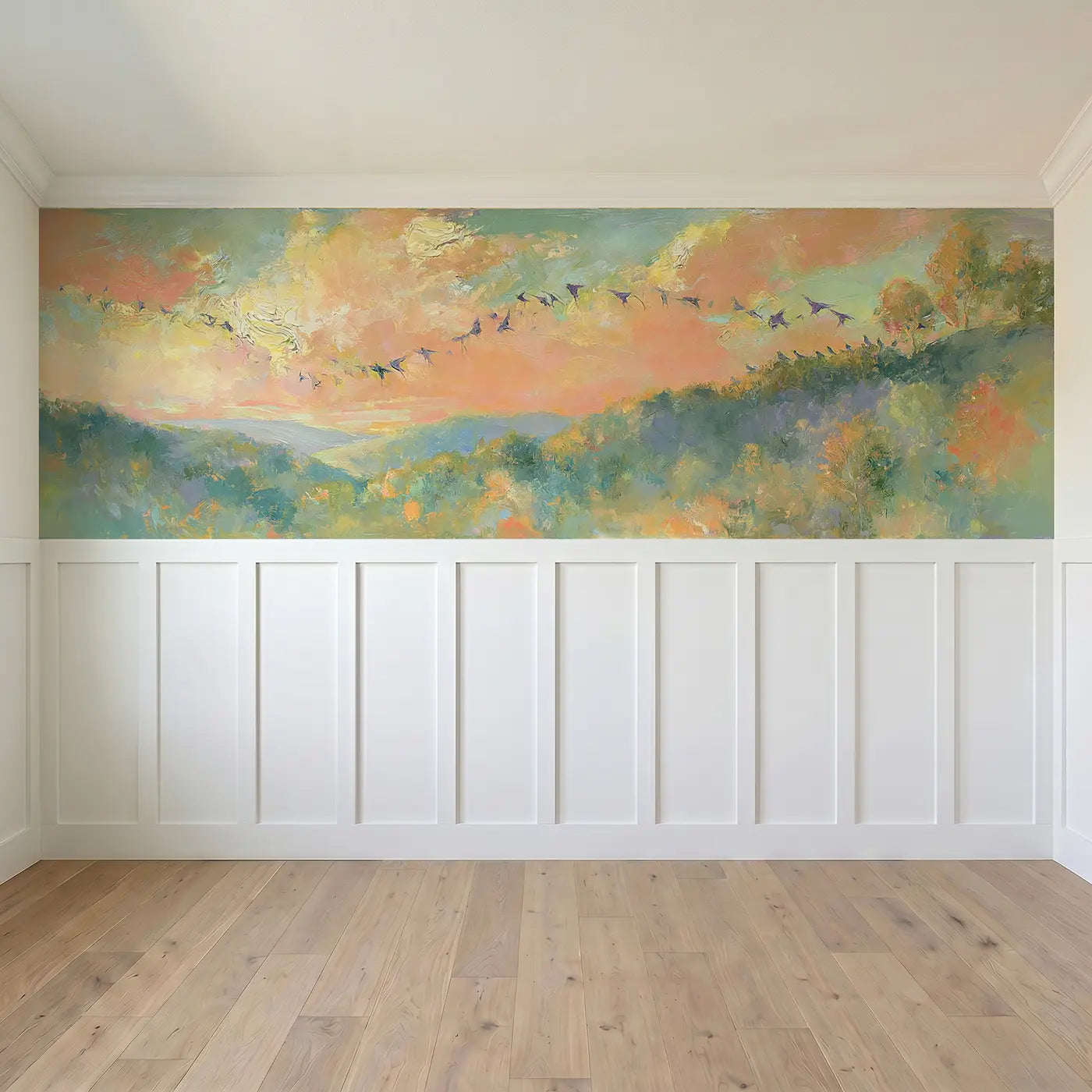 Full panel view of Rolling Forest Hills Murmuration Wainscoting Wallpaper by Whimsy Tots
