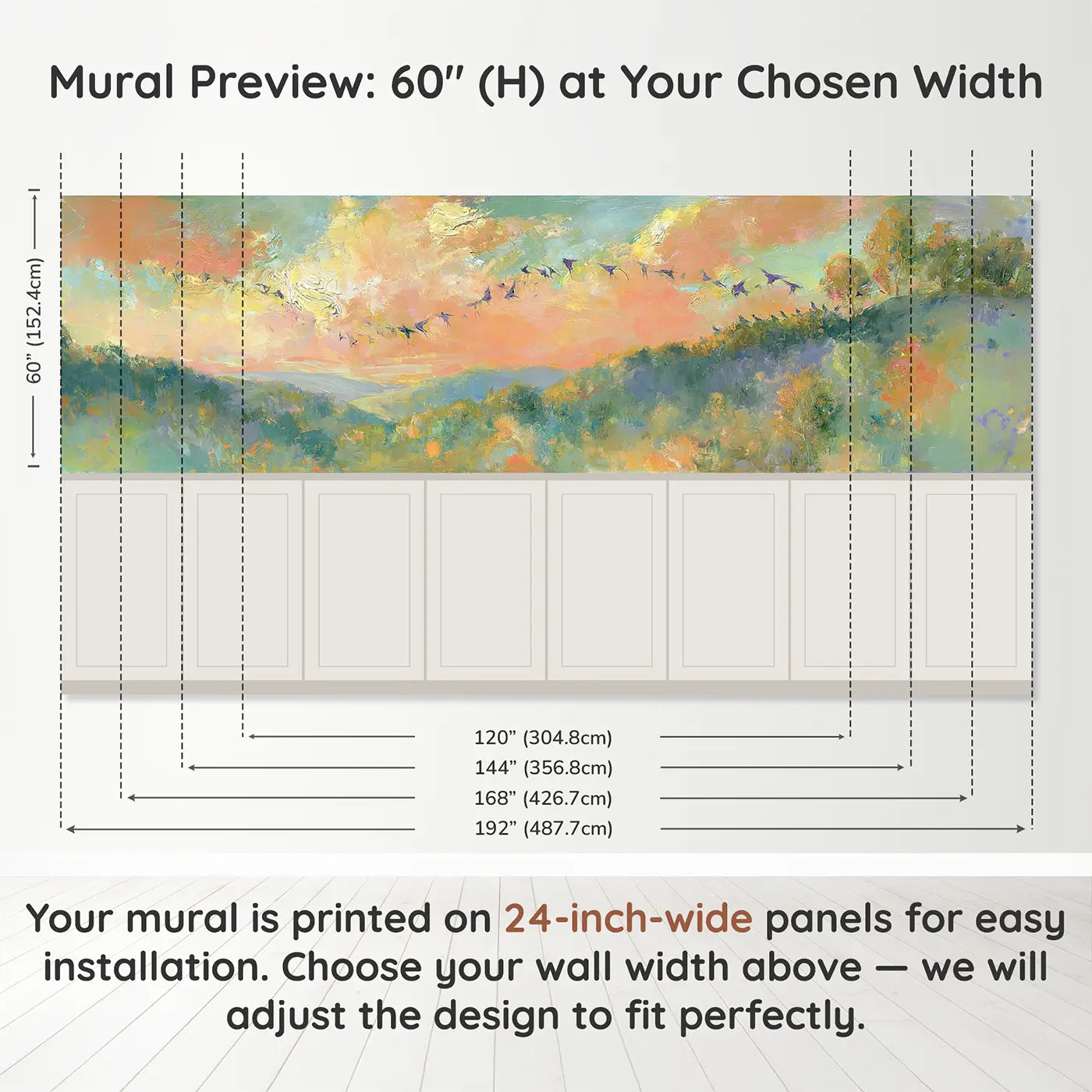 Panel dimensions for Rolling Forest Hills Murmuration Wainscoting Wallpaper by Whimsy Tots