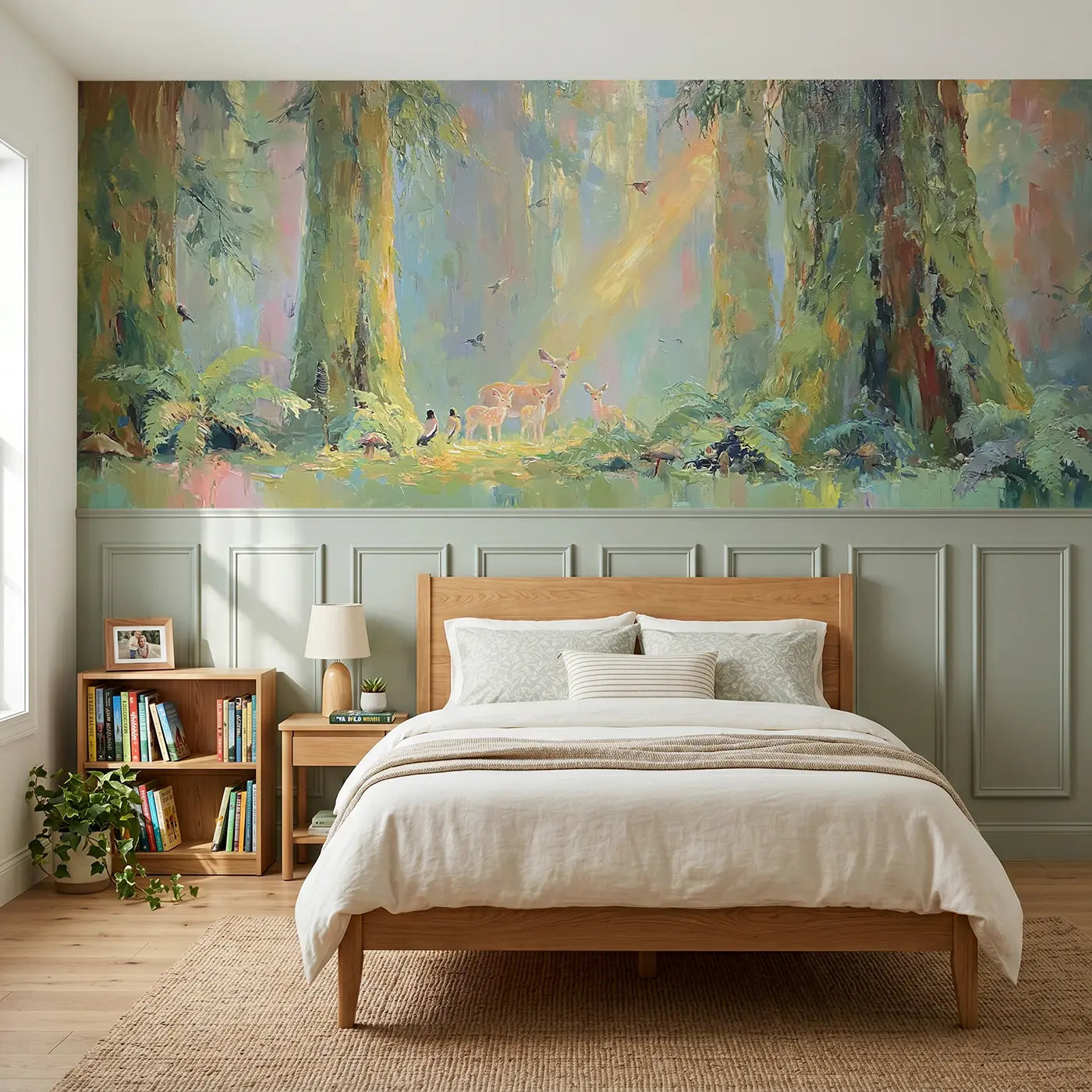 Painted Landscape mossy redwood light shaft wainscoting wallpaper for bedroom by Whimsy Tots