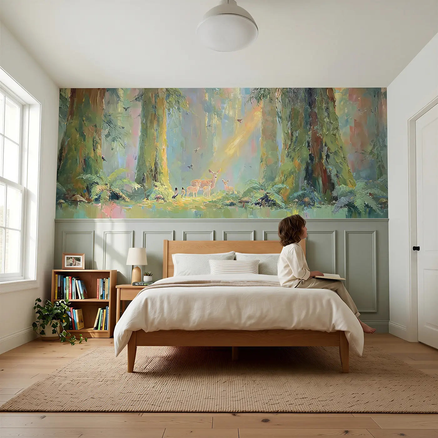 Child reading near Mossy Redwood Light Shaft Wainscoting Wallpaper by Whimsy Tots