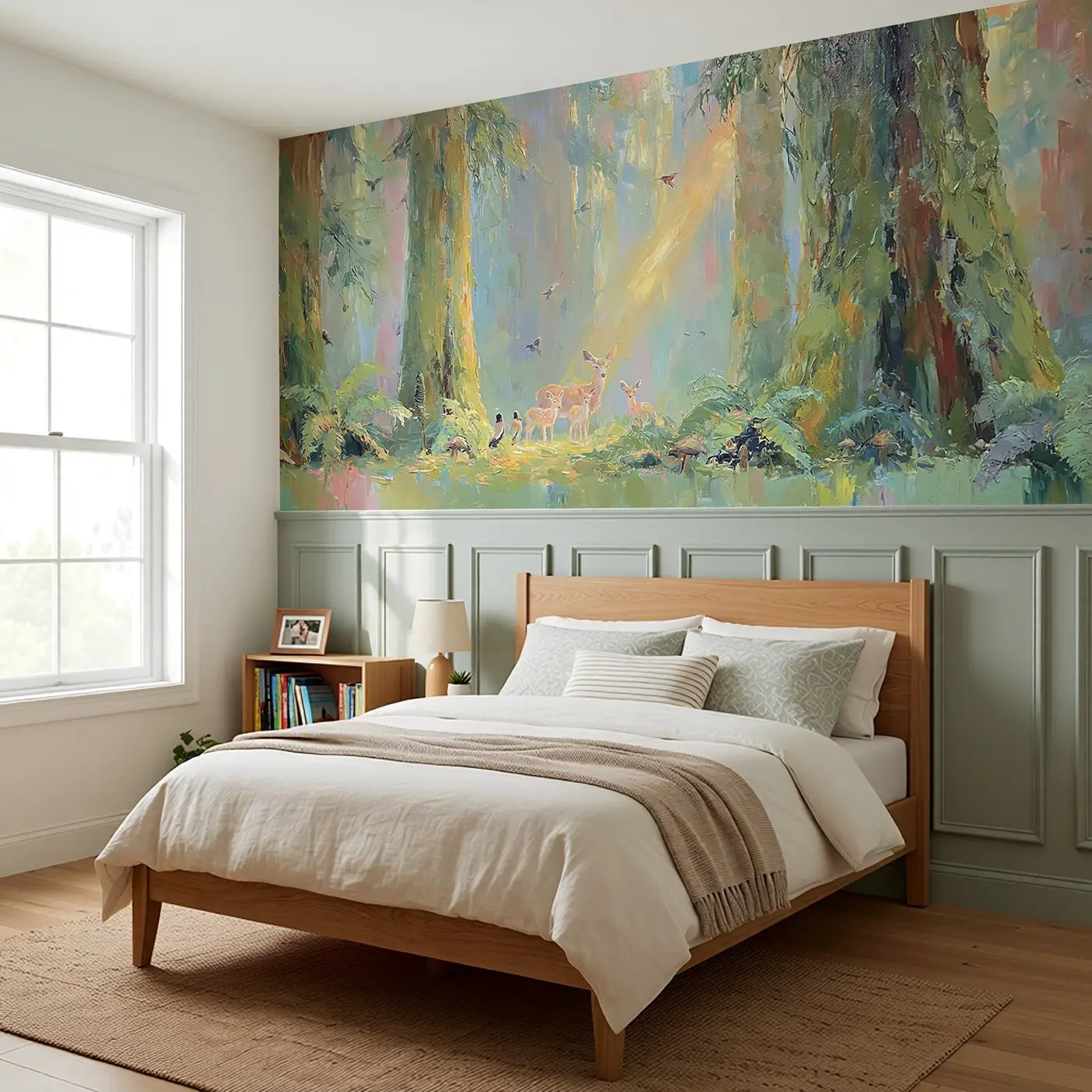 Mossy Redwood Light Shaft Wainscoting Wallpaper styled in a kids bedroom by Whimsy Tots