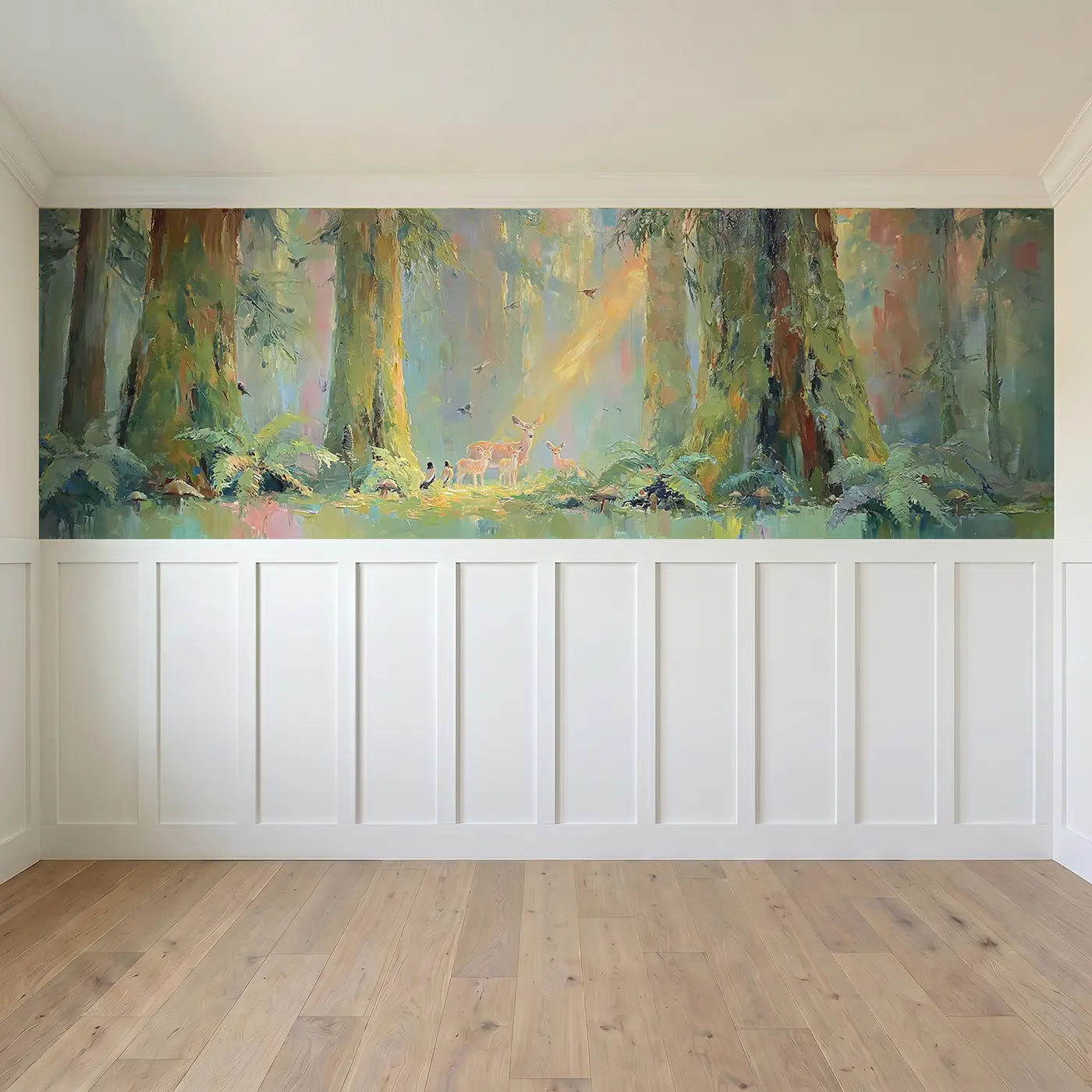 Full panel view of Mossy Redwood Light Shaft Wainscoting Wallpaper by Whimsy Tots