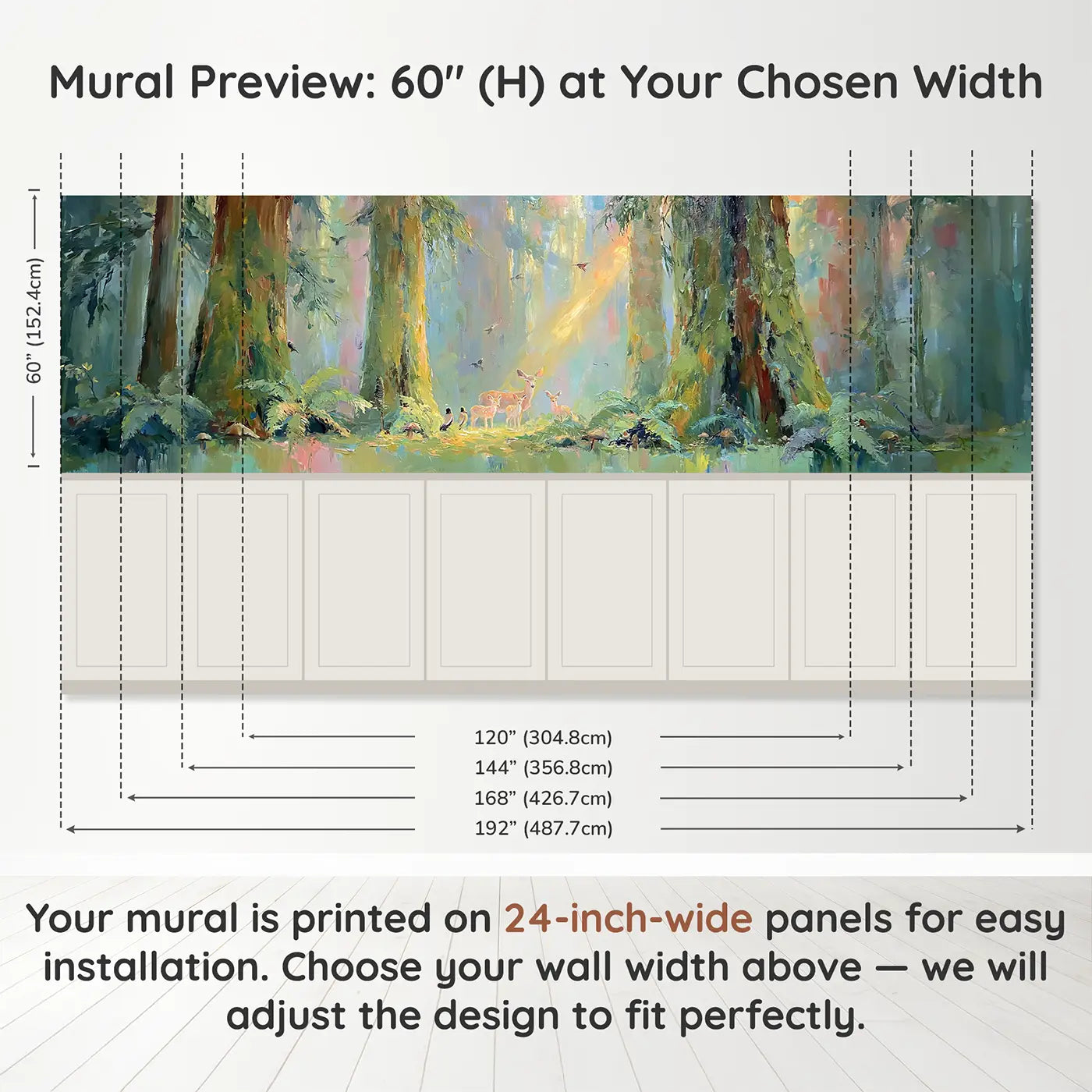 Panel dimensions for Mossy Redwood Light Shaft Wainscoting Wallpaper by Whimsy Tots
