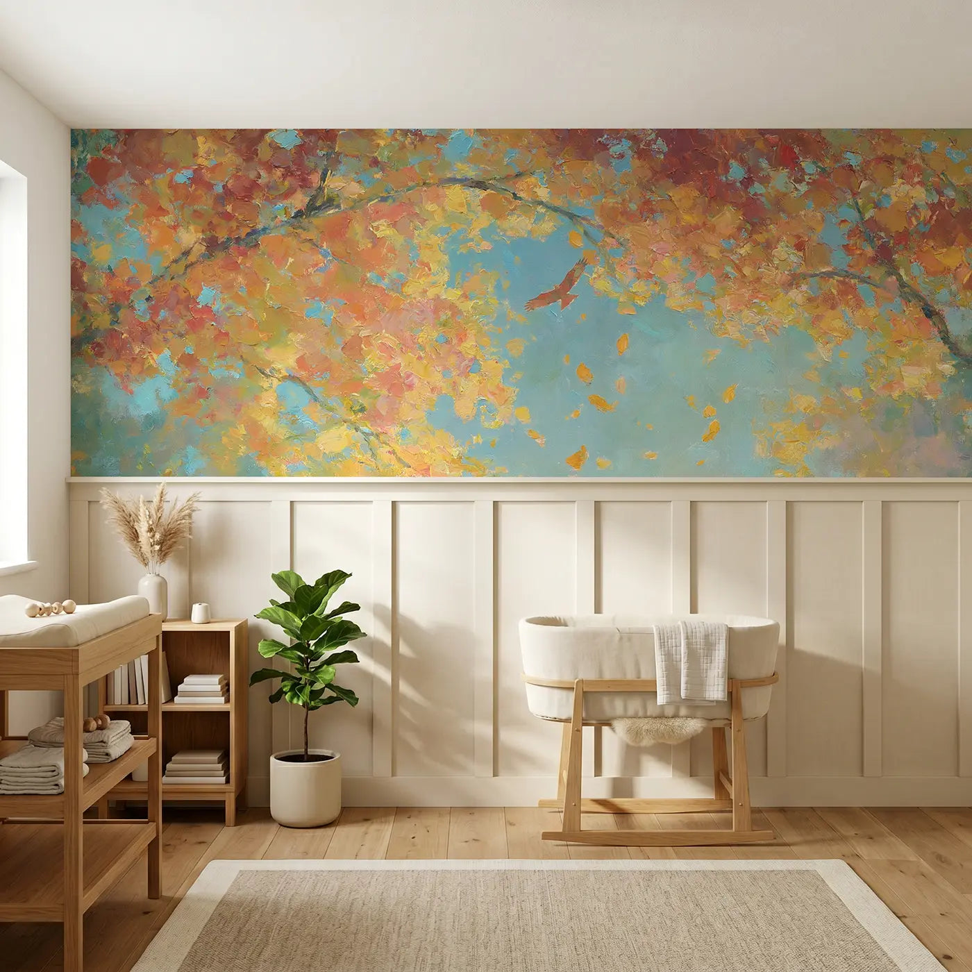 Painted Landscape forest canopy autumn above wainscoting wallpaper for nursery by Whimsy Tots