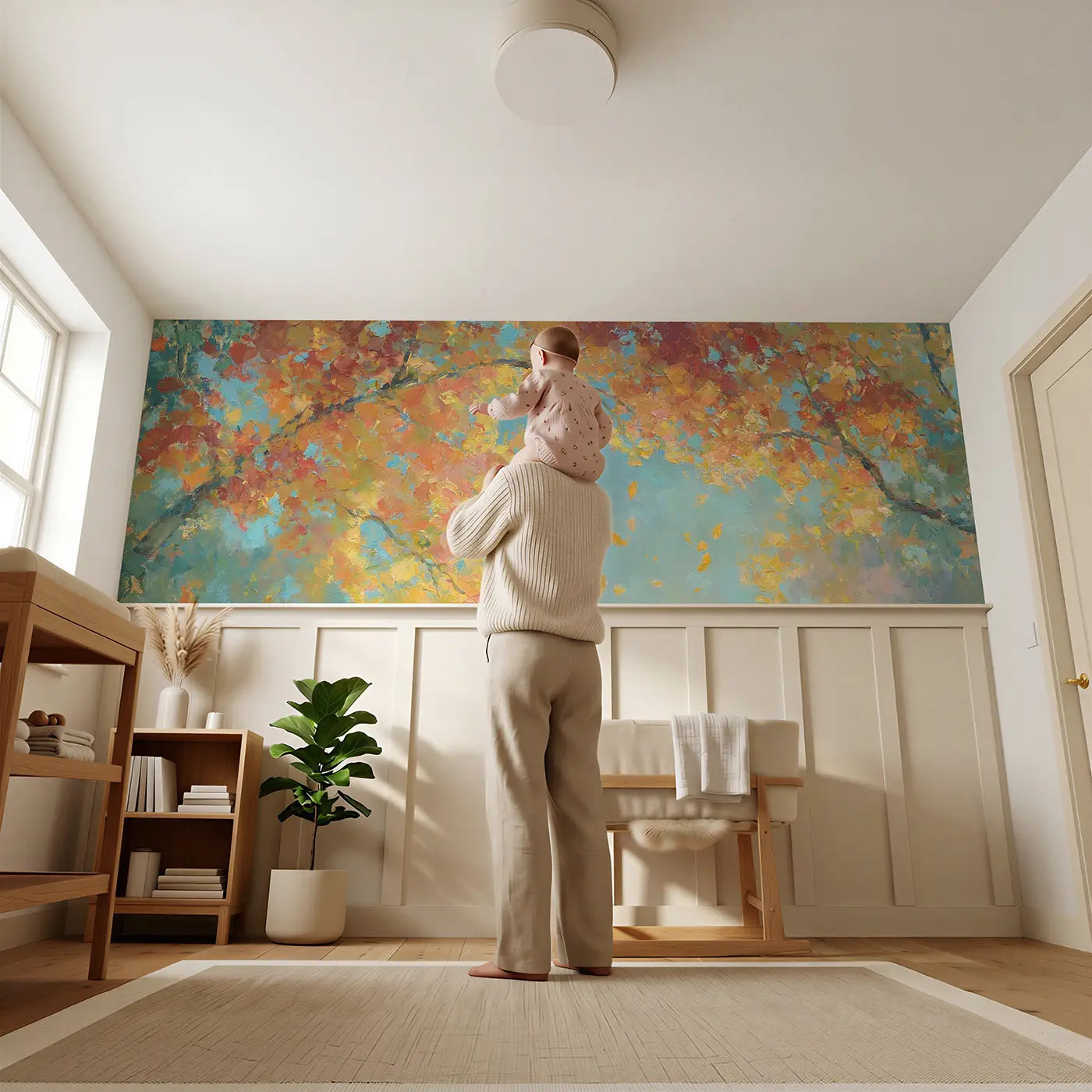 Child reading near Forest Canopy Autumn Above Wainscoting Wallpaper by Whimsy Tots