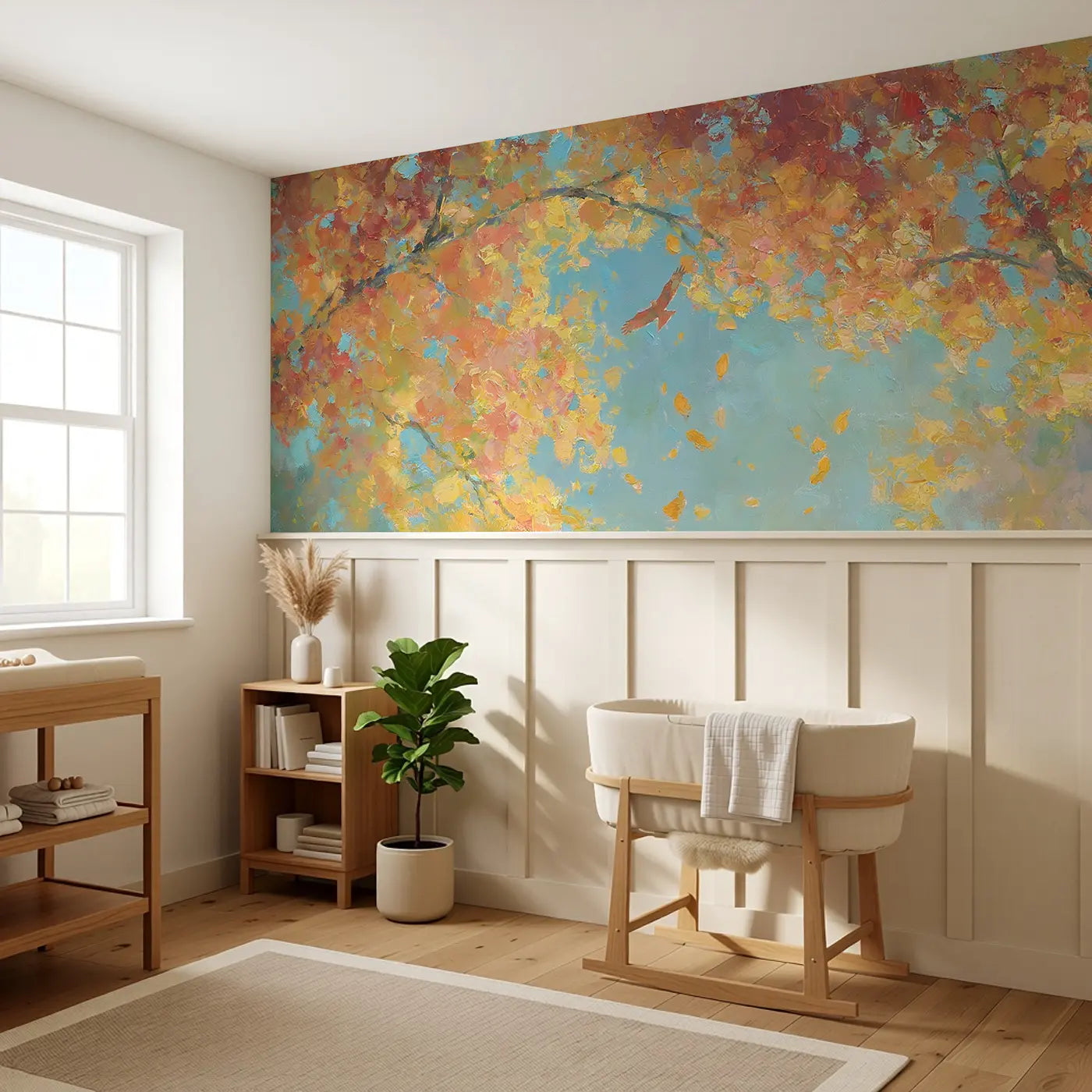 Forest Canopy Autumn Above Wainscoting Wallpaper styled in a kids bedroom by Whimsy Tots