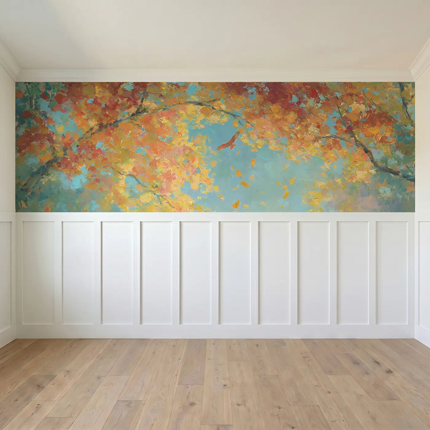 Full panel view of Forest Canopy Autumn Above Wainscoting Wallpaper by Whimsy Tots