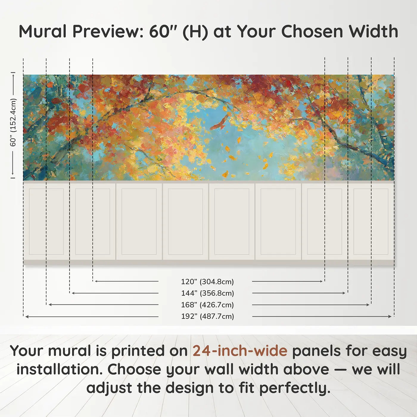 Panel dimensions for Forest Canopy Autumn Above Wainscoting Wallpaper by Whimsy Tots