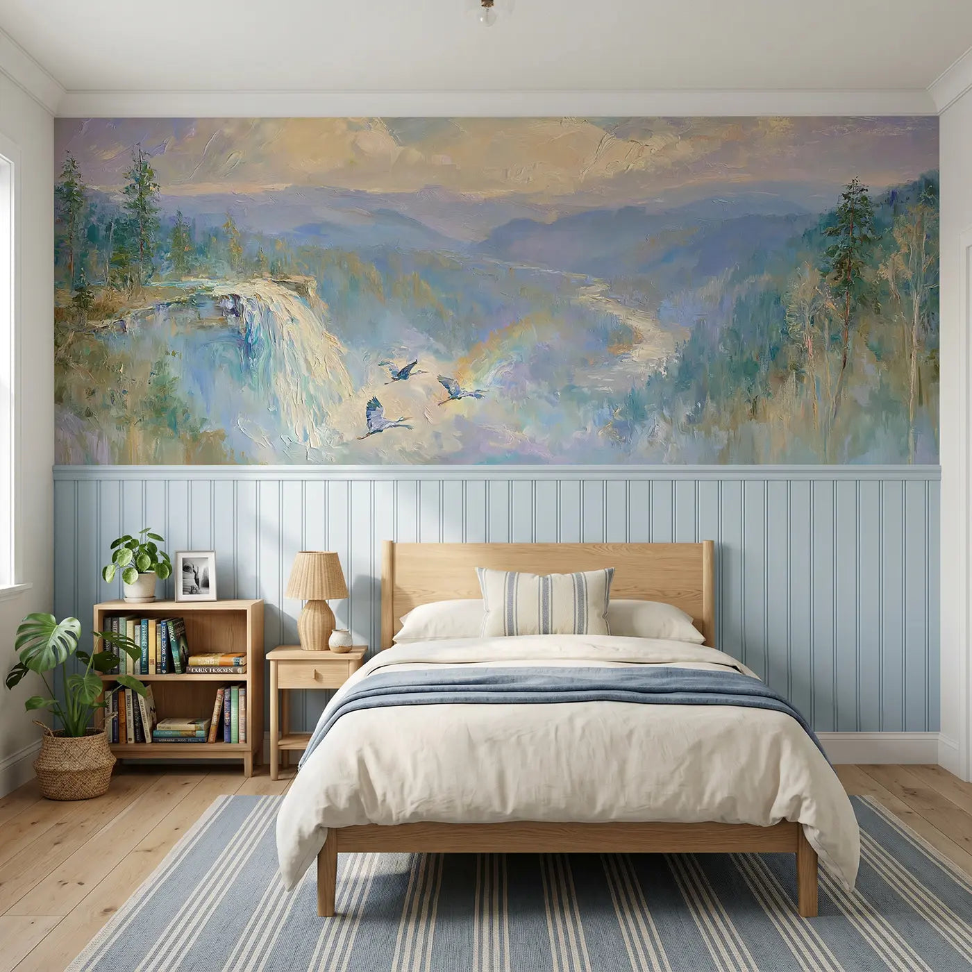 Painted Landscape forest waterfall distant valley wainscoting wallpaper for bedroom by Whimsy Tots