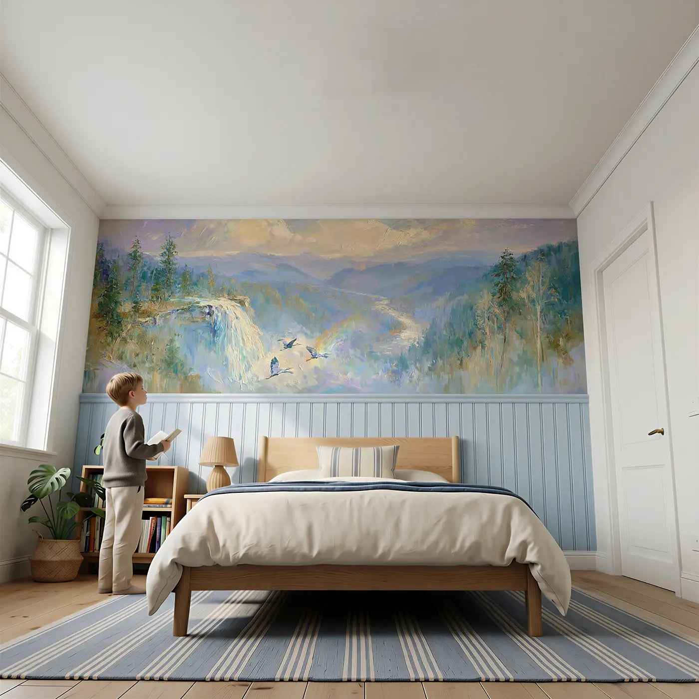 Child reading near Forest Waterfall Distant Valley Wainscoting Wallpaper by Whimsy Tots