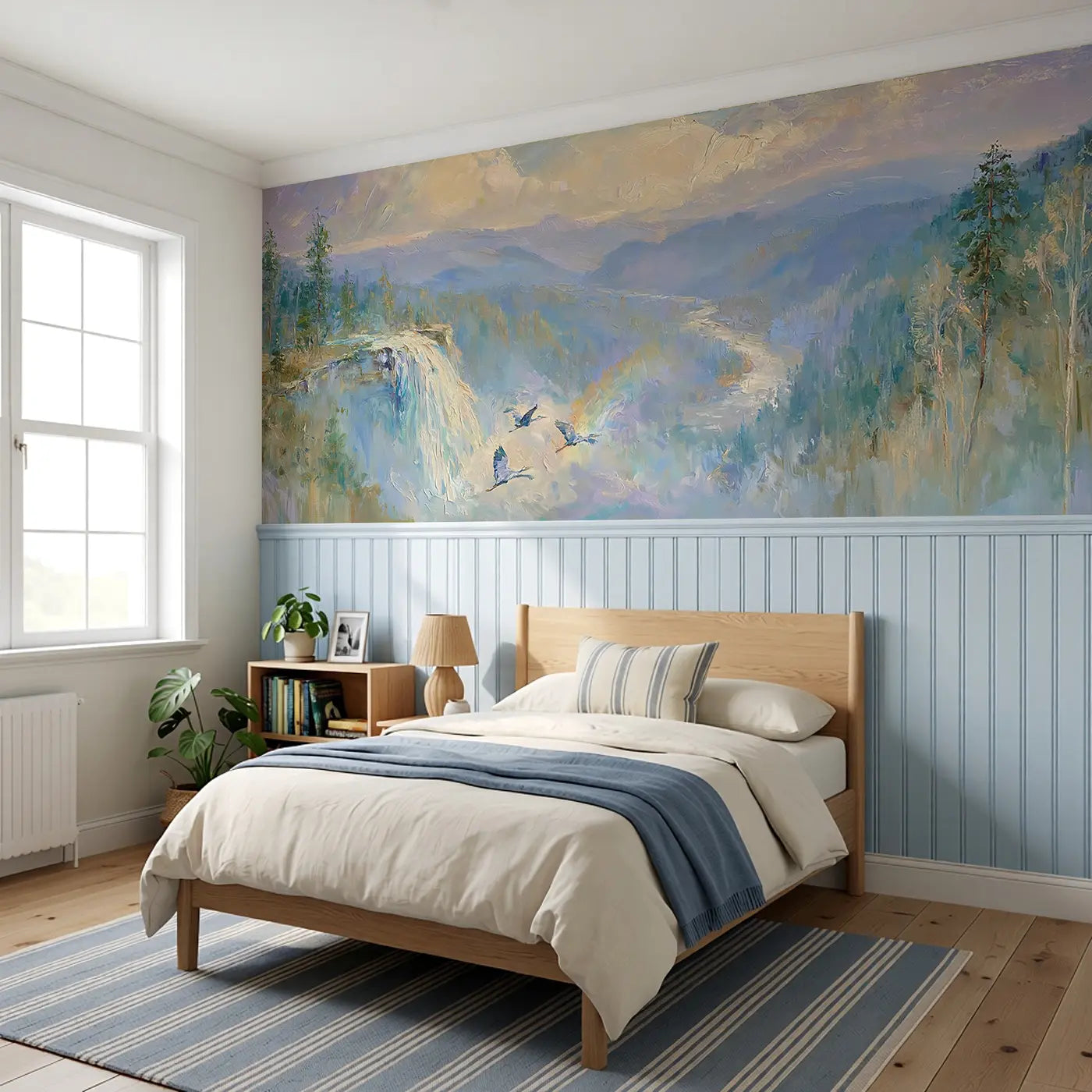 Forest Waterfall Distant Valley Wainscoting Wallpaper styled in a kids bedroom by Whimsy Tots