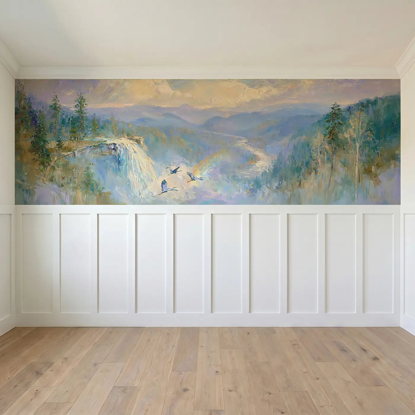 Full panel view of Forest Waterfall Distant Valley Wainscoting Wallpaper by Whimsy Tots