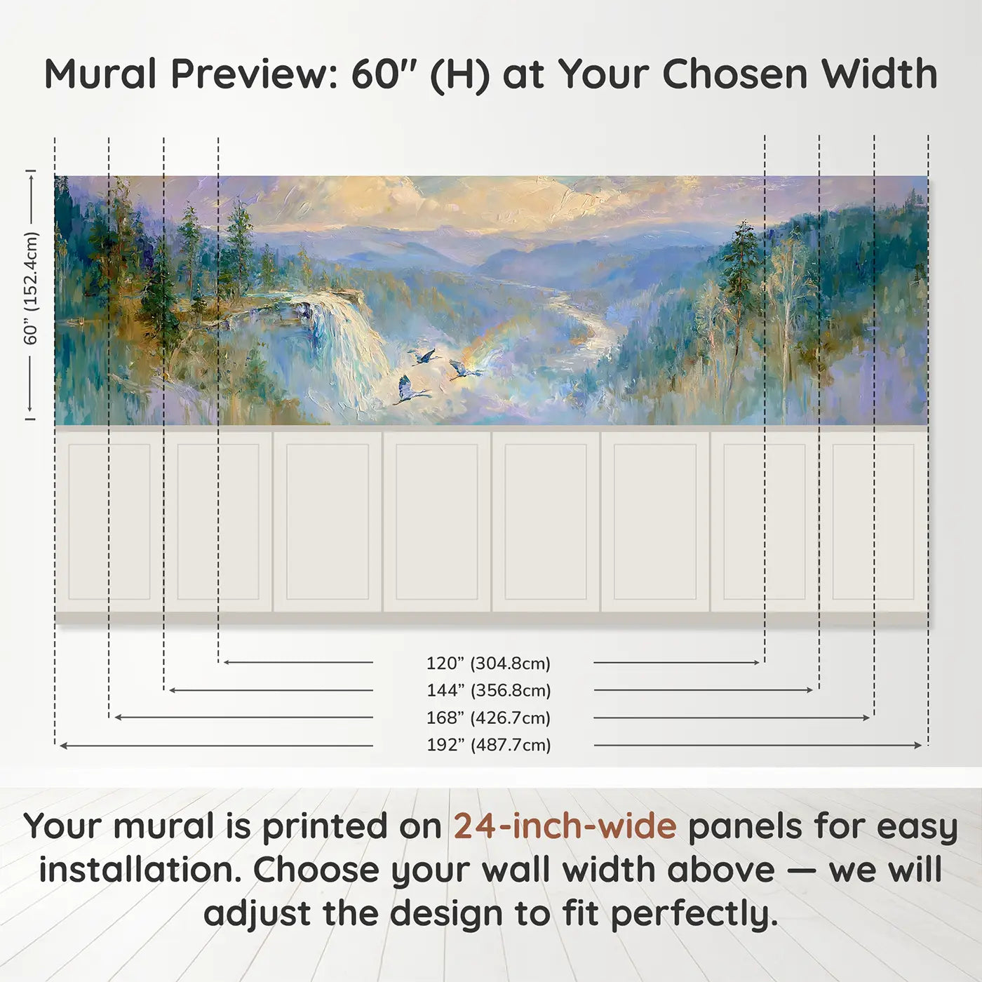 Panel dimensions for Forest Waterfall Distant Valley Wainscoting Wallpaper by Whimsy Tots